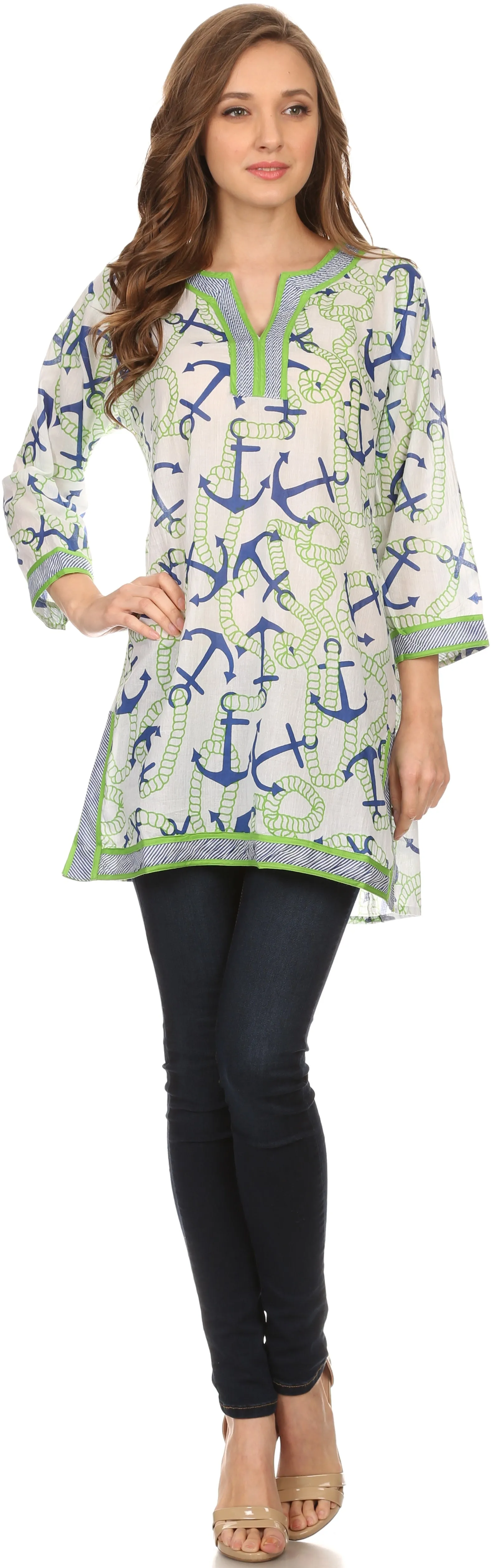 Sakkas Caddie Tunic Blouse Top Shirt With Pattern Print And Trimming