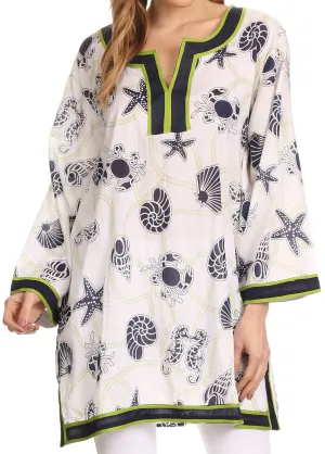 Sakkas Fawn Tunic Blouse Top With Printed Pattern And Multi Toned Trims