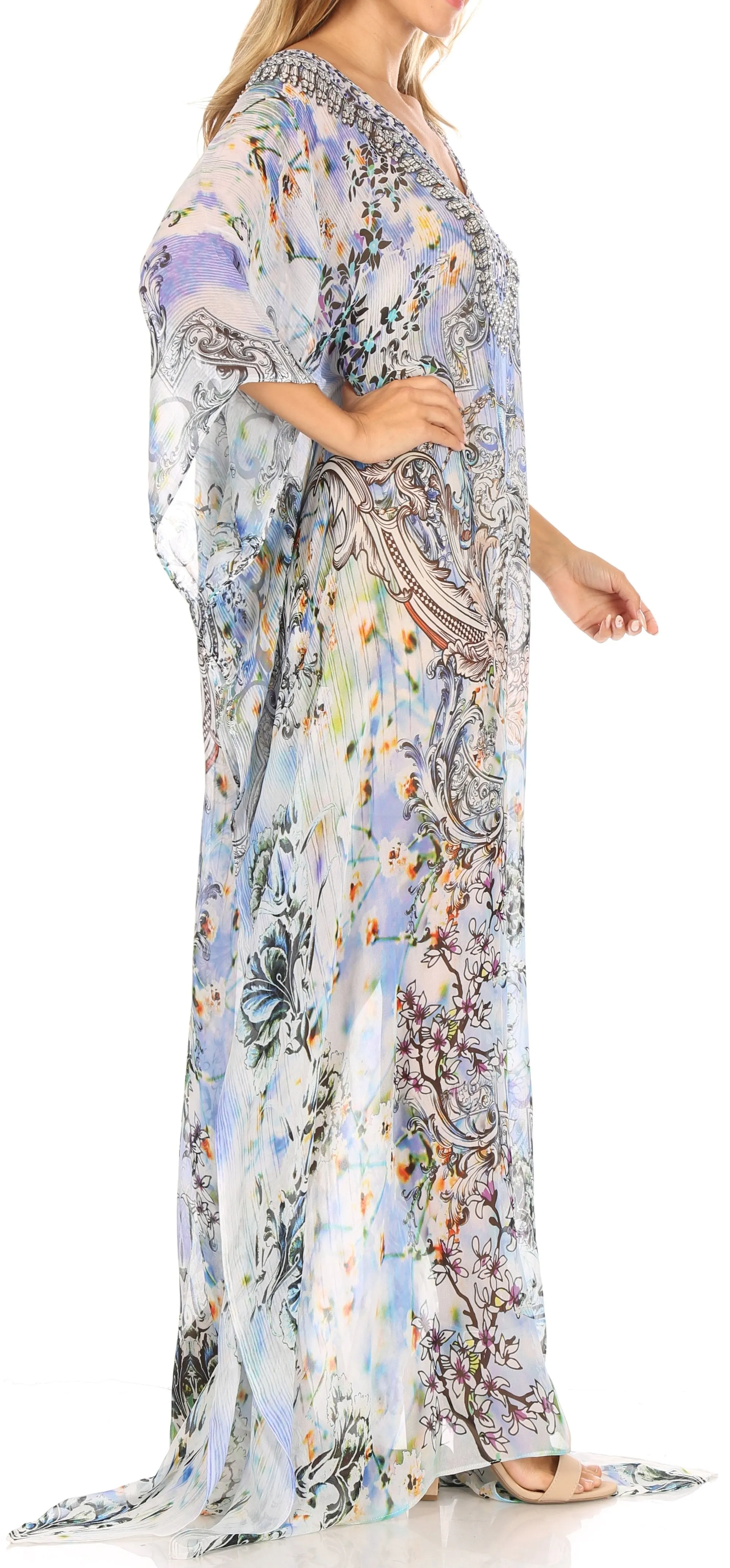 Sakkas Wilder Printed Design Long Sheer Rhinestone Caftan Dress / Cover Up