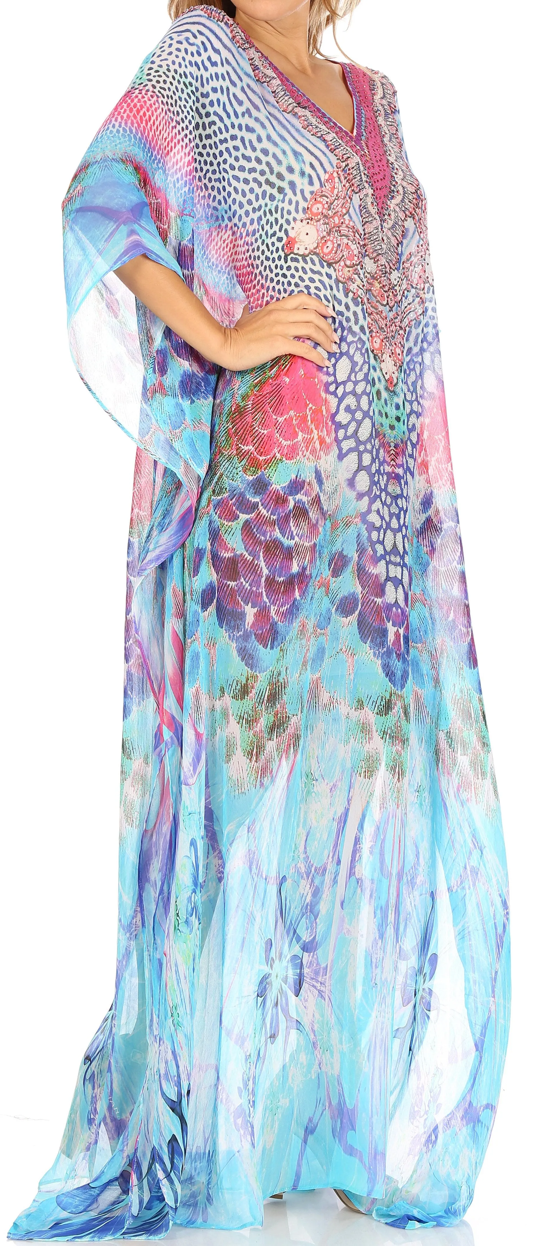 Sakkas Wilder Printed Design Long Sheer Rhinestone Caftan Dress / Cover Up