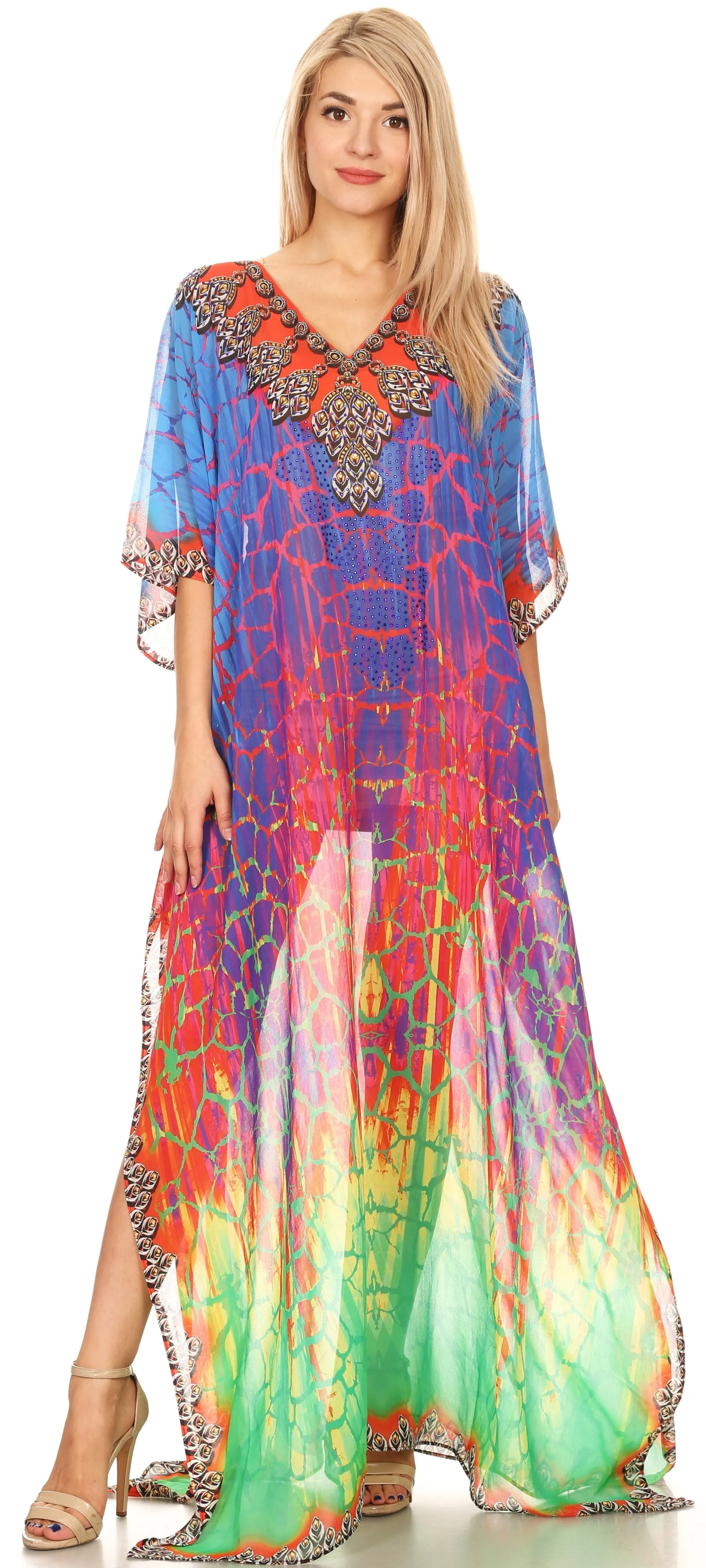 Sakkas Wilder Printed Design Long Sheer Rhinestone Caftan Dress / Cover Up