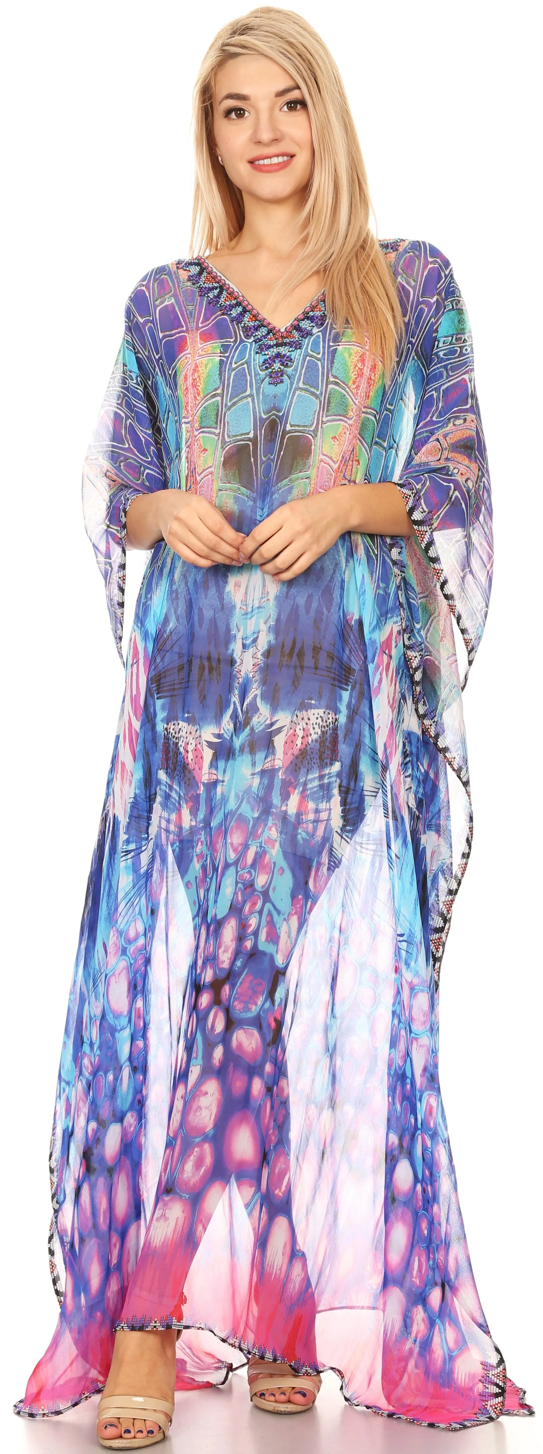 Sakkas Wilder Printed Design Long Sheer Rhinestone Caftan Dress / Cover Up