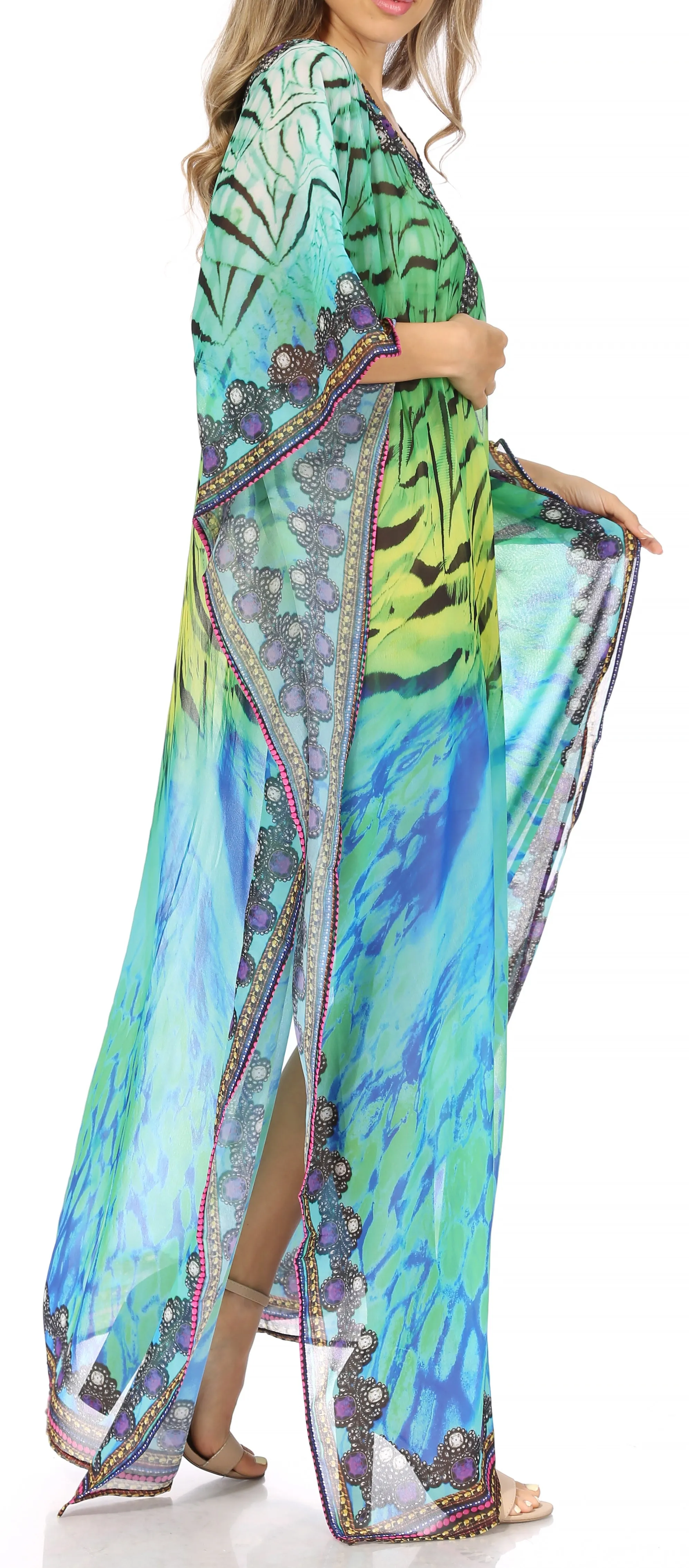 Sakkas Wilder Printed Design Long Sheer Rhinestone Caftan Dress / Cover Up