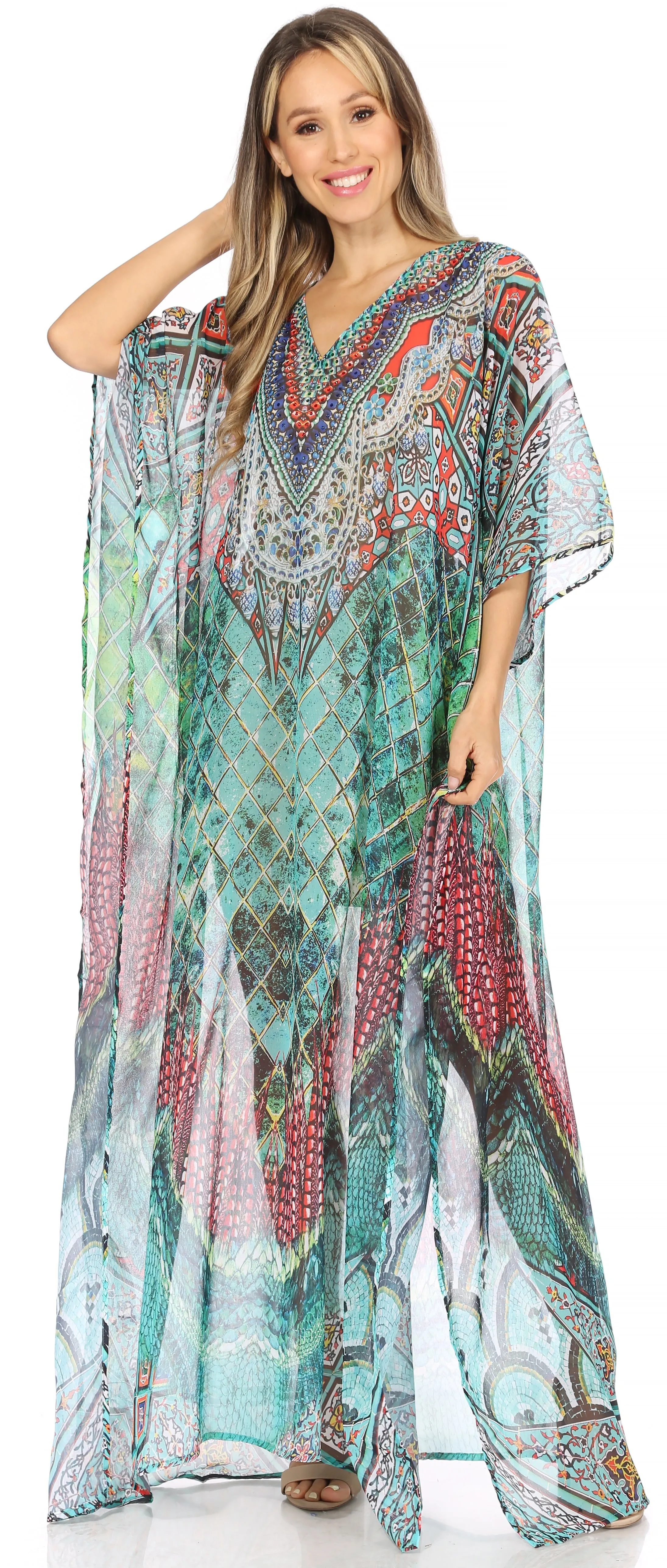 Sakkas Wilder Printed Design Long Sheer Rhinestone Caftan Dress / Cover Up