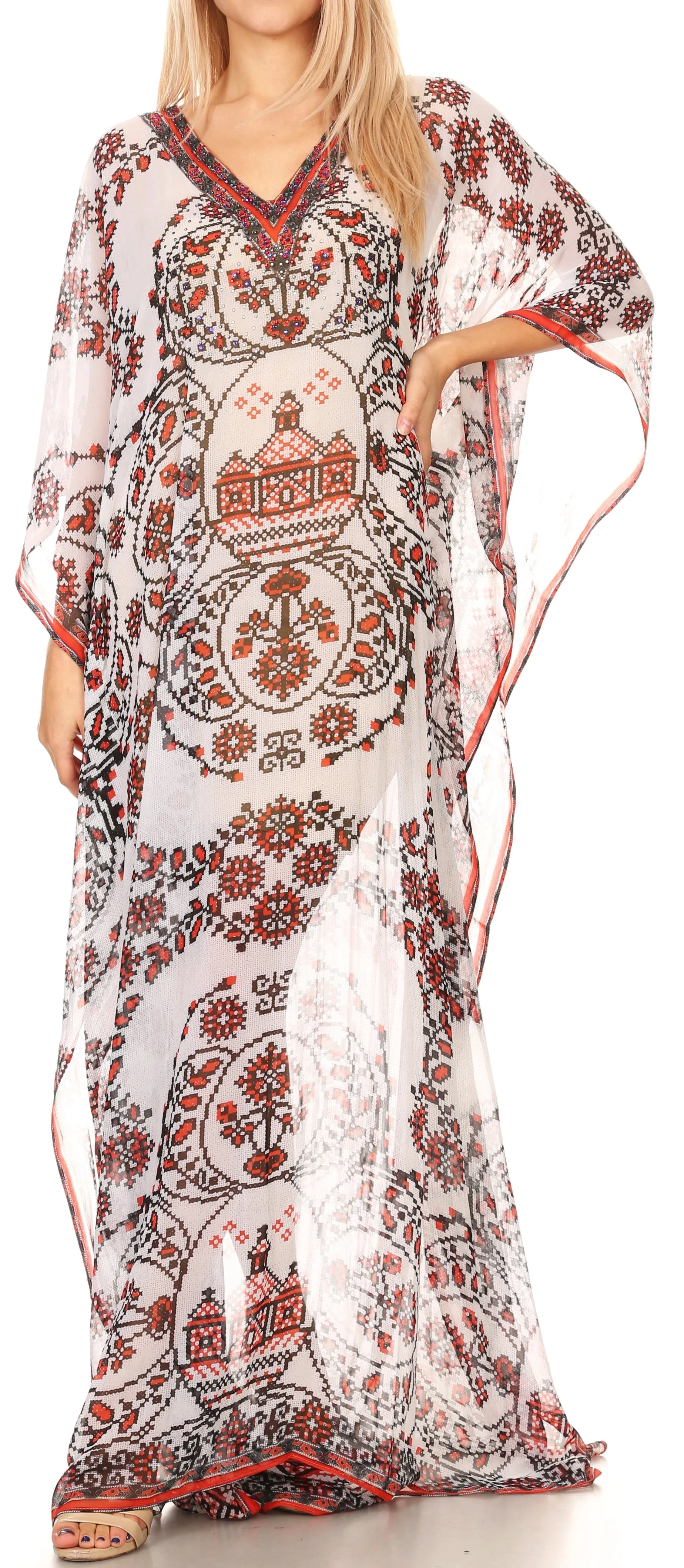 Sakkas Wilder Printed Design Long Sheer Rhinestone Caftan Dress / Cover Up