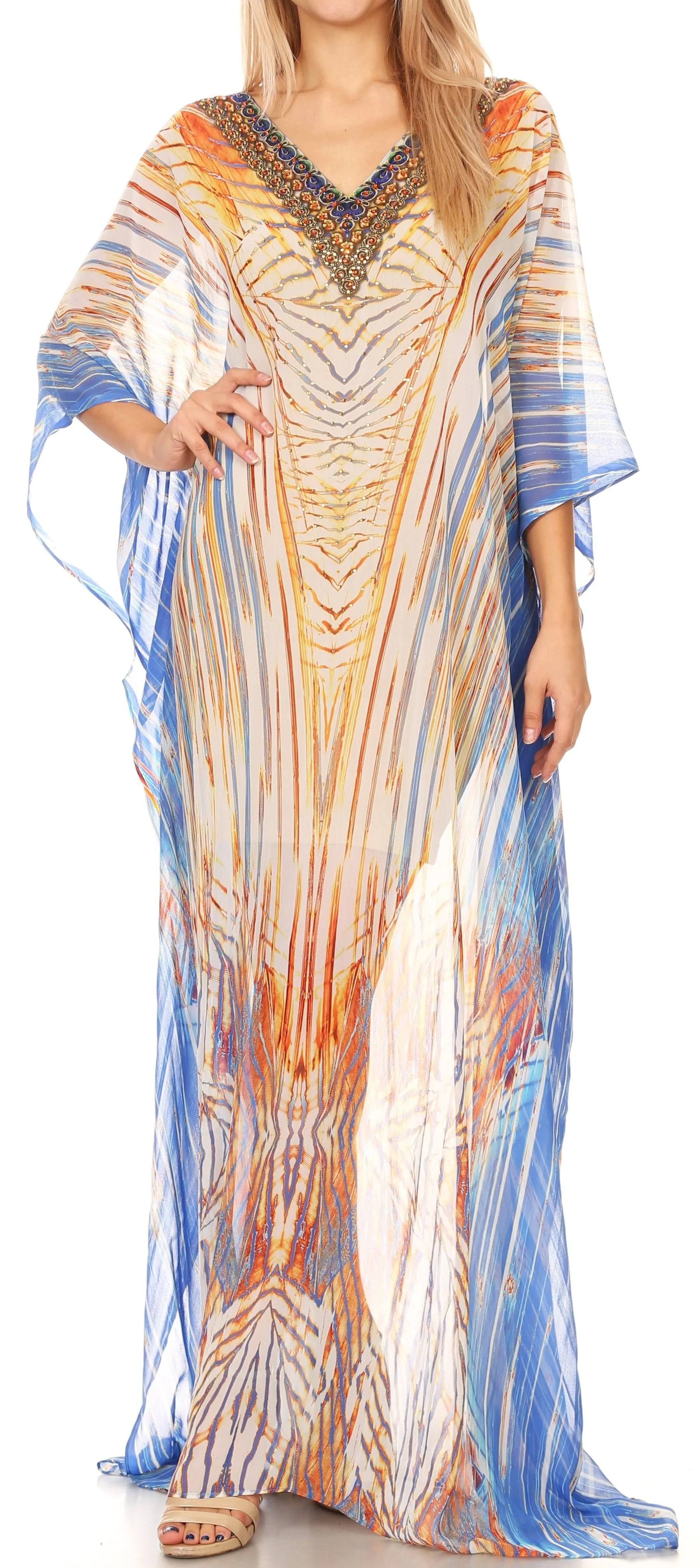 Sakkas Wilder Printed Design Long Sheer Rhinestone Caftan Dress / Cover Up