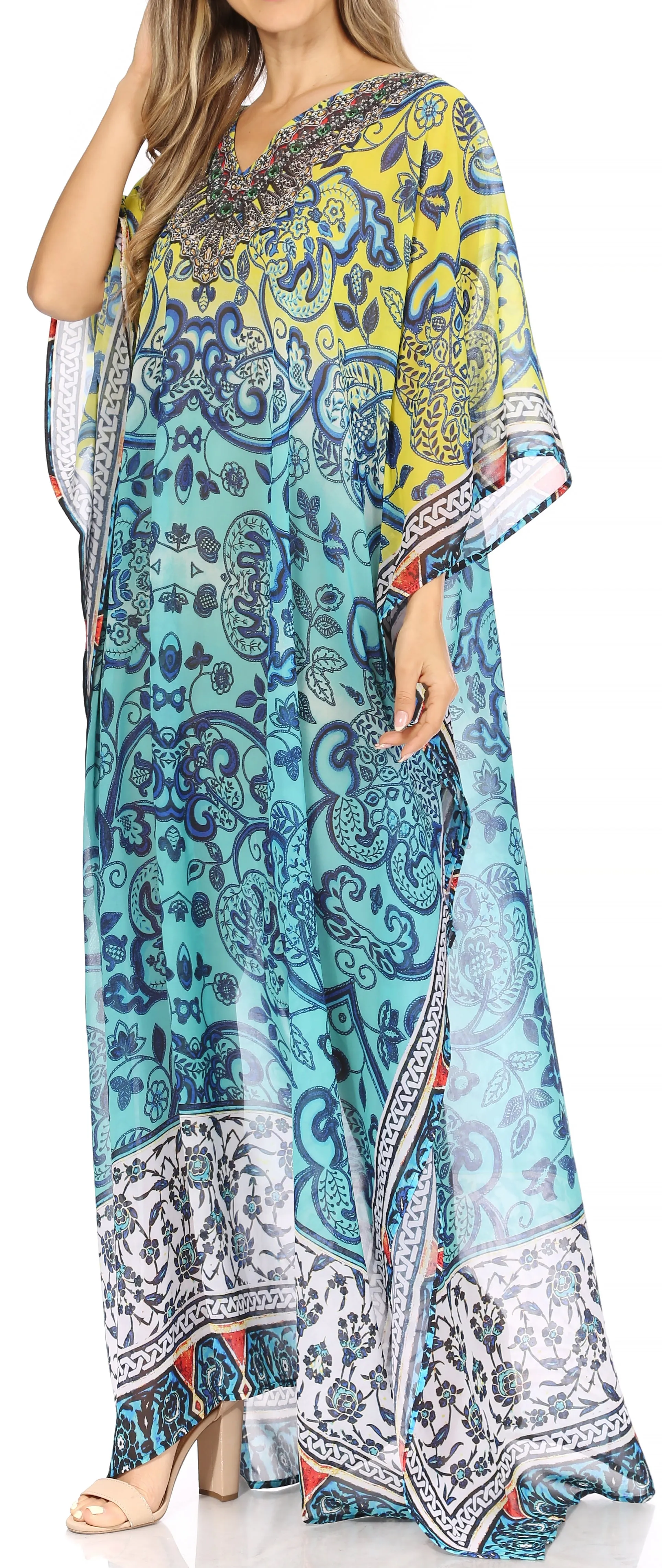 Sakkas Wilder Printed Design Long Sheer Rhinestone Caftan Dress / Cover Up