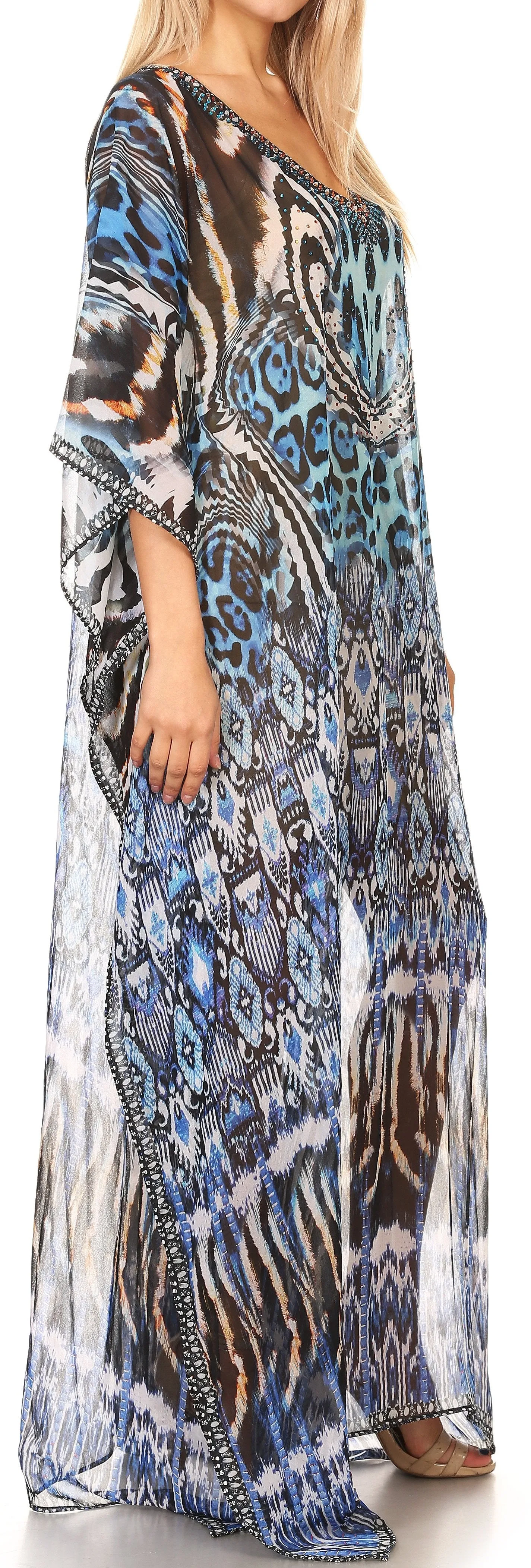 Sakkas Wilder Printed Design Long Sheer Rhinestone Caftan Dress / Cover Up