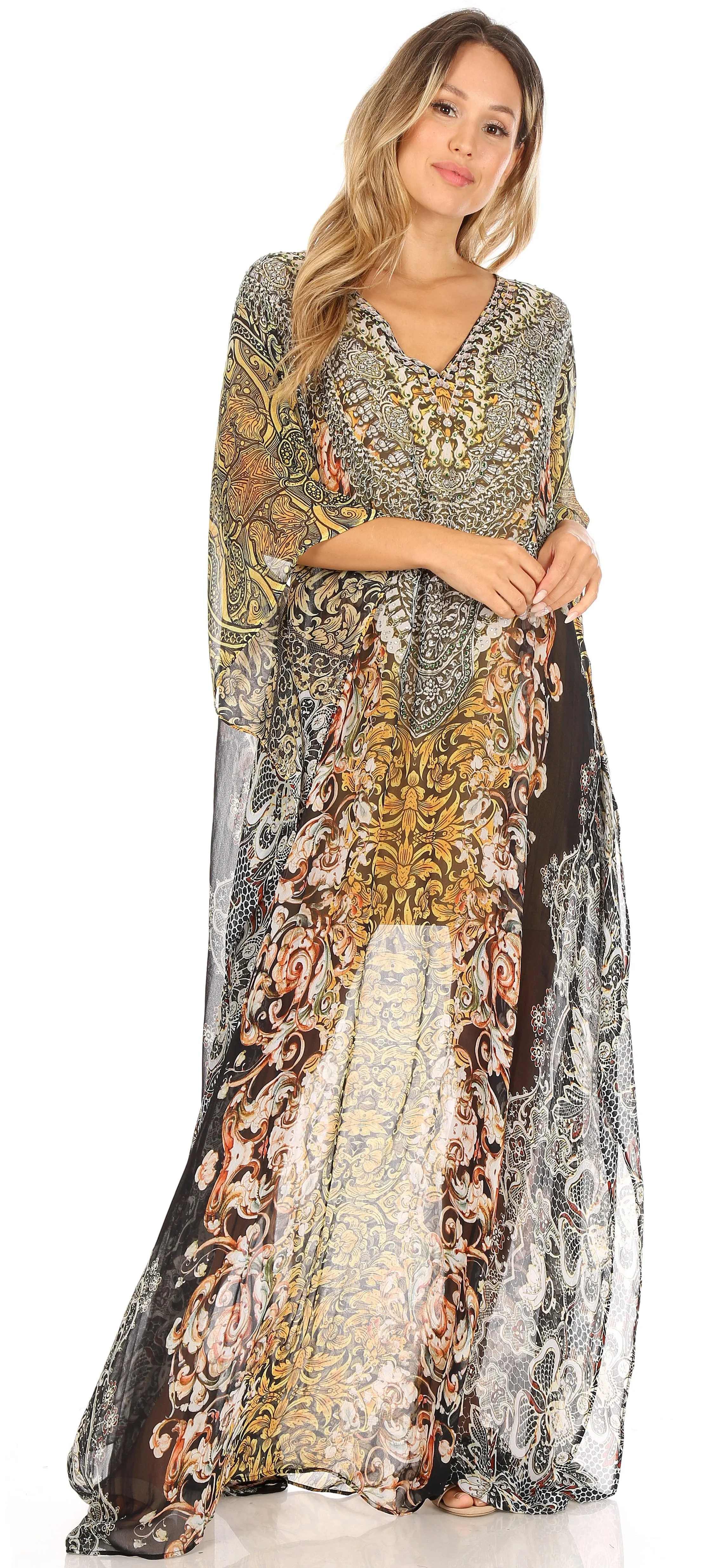 Sakkas Wilder Printed Design Long Sheer Rhinestone Caftan Dress / Cover Up