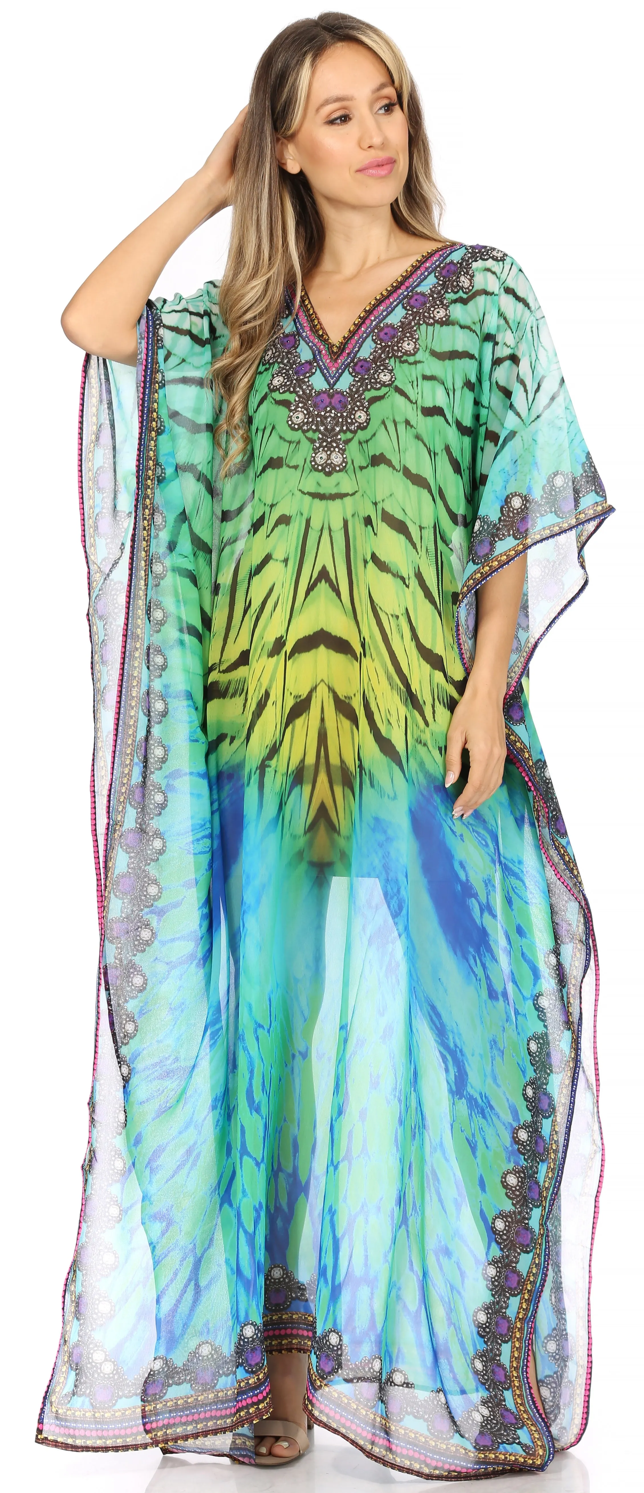 Sakkas Wilder Printed Design Long Sheer Rhinestone Caftan Dress / Cover Up