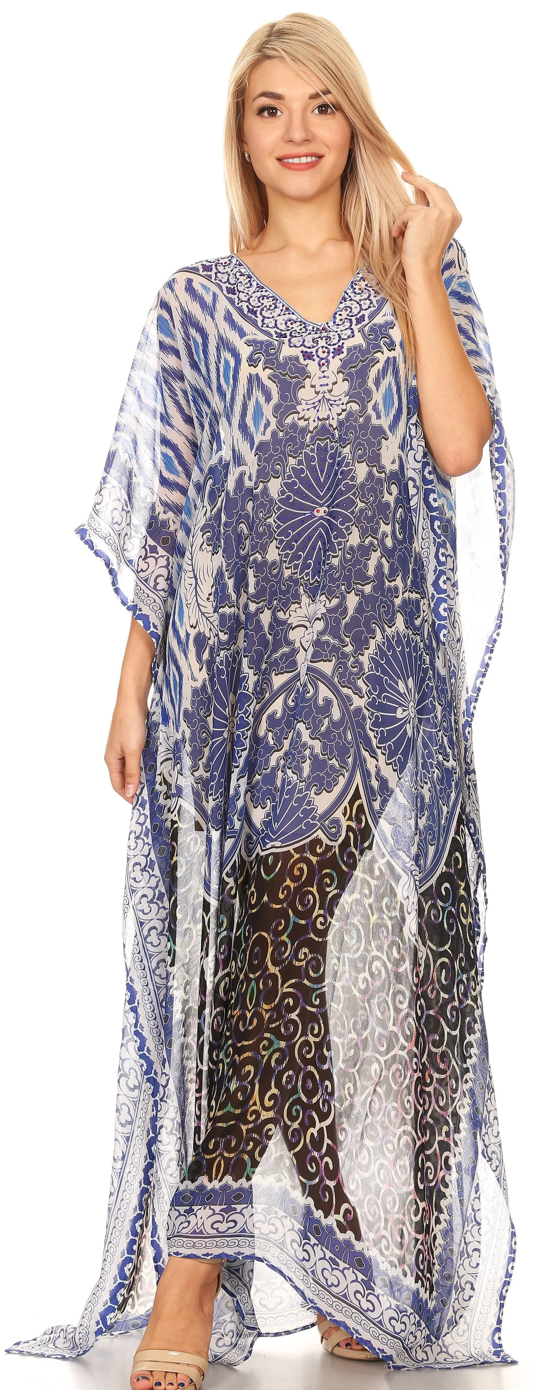 Sakkas Wilder Printed Design Long Sheer Rhinestone Caftan Dress / Cover Up