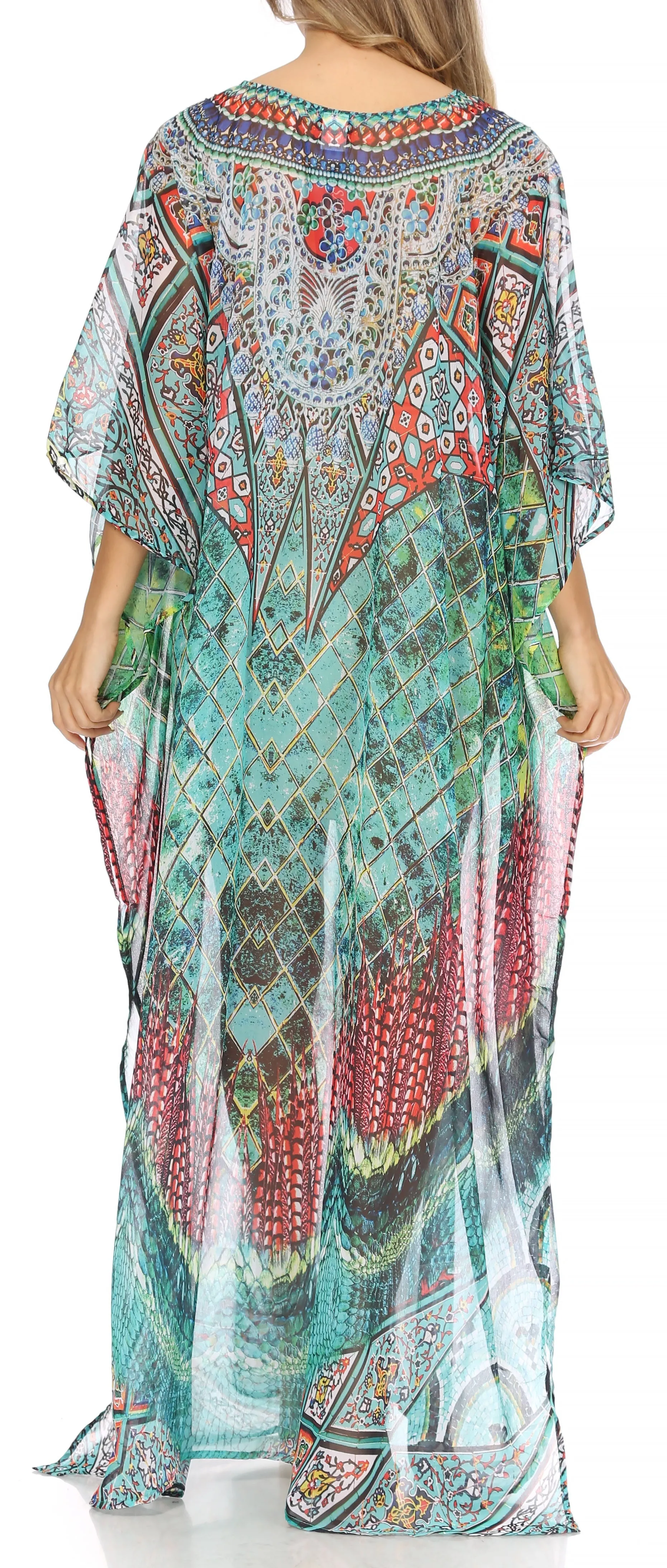 Sakkas Wilder Printed Design Long Sheer Rhinestone Caftan Dress / Cover Up