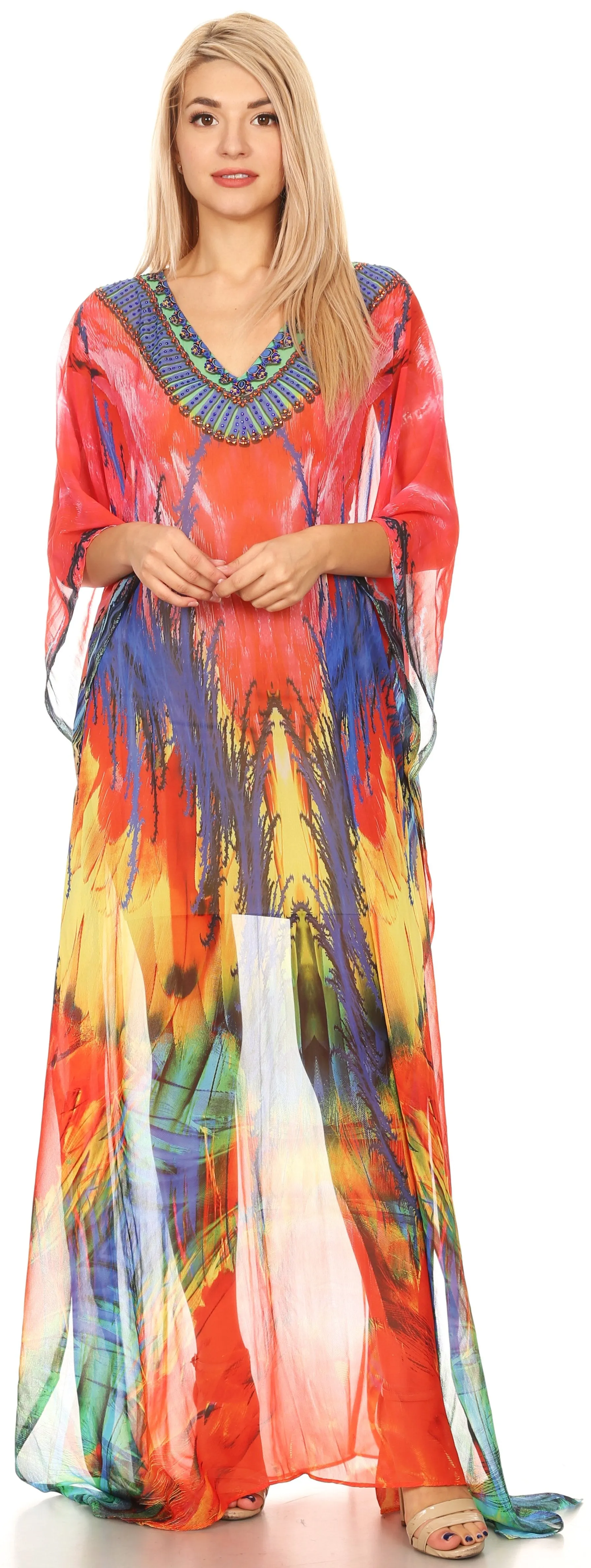 Sakkas Wilder Printed Design Long Sheer Rhinestone Caftan Dress / Cover Up