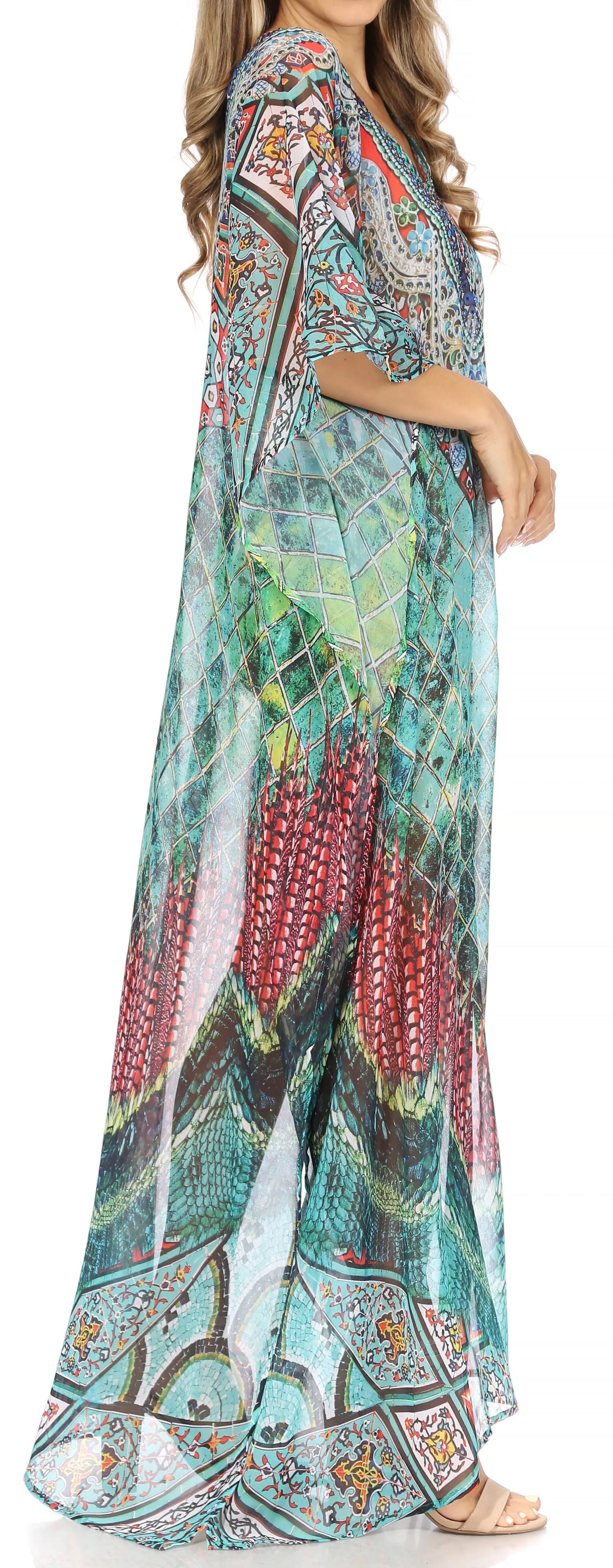 Sakkas Wilder Printed Design Long Sheer Rhinestone Caftan Dress / Cover Up