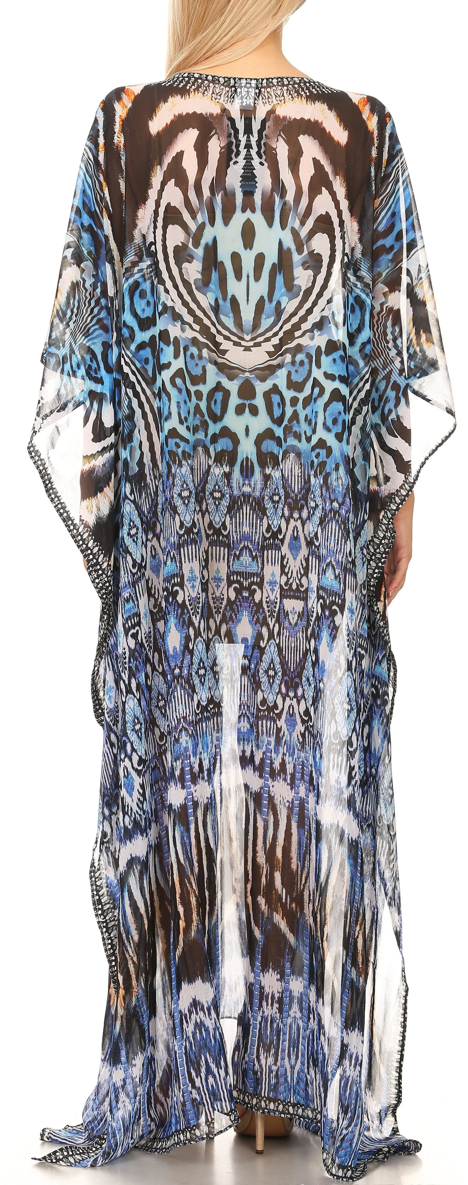 Sakkas Wilder Printed Design Long Sheer Rhinestone Caftan Dress / Cover Up