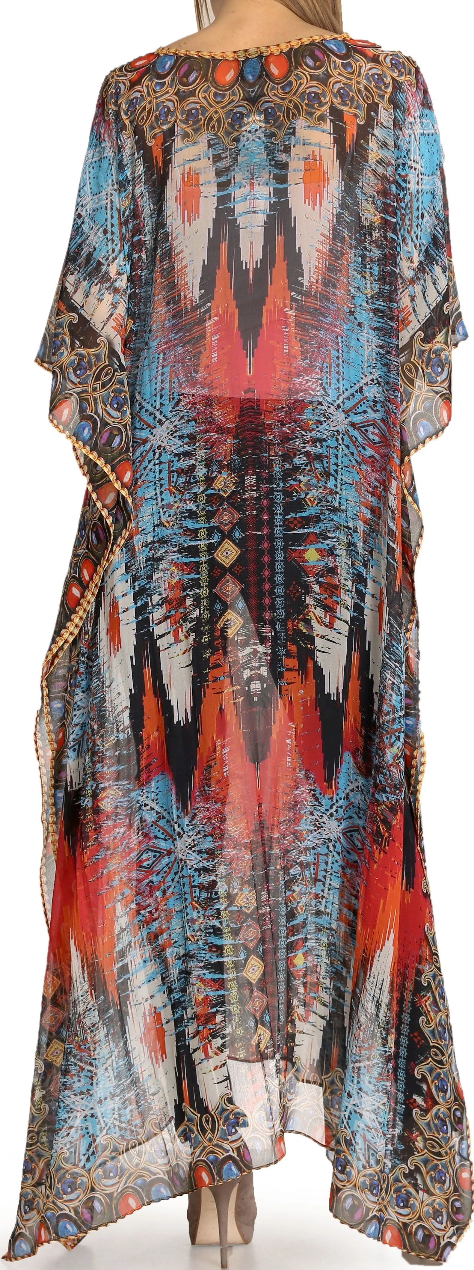 Sakkas Wilder Printed Design Long Sheer Rhinestone Caftan Dress / Cover Up