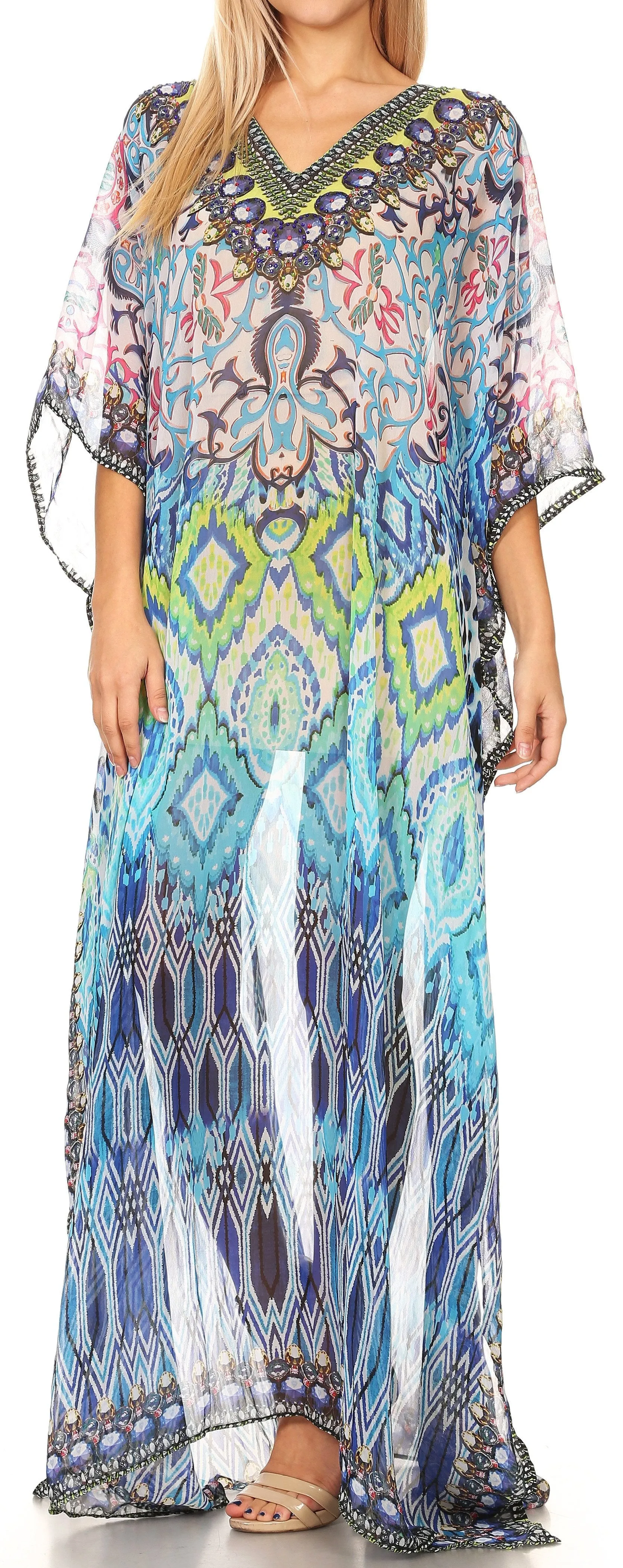 Sakkas Wilder Printed Design Long Sheer Rhinestone Caftan Dress / Cover Up