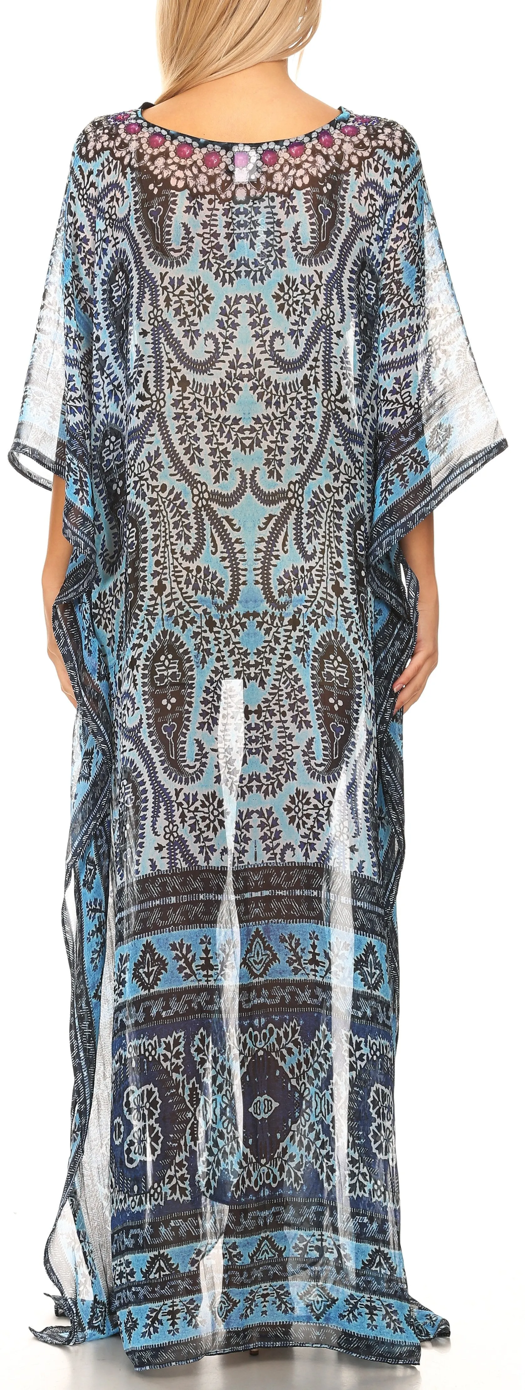 Sakkas Wilder Printed Design Long Sheer Rhinestone Caftan Dress / Cover Up