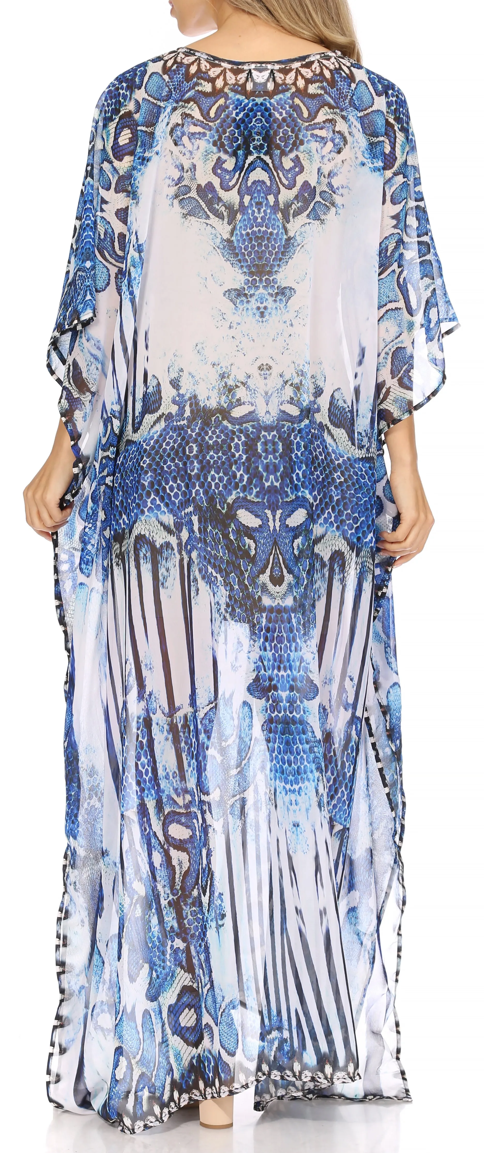 Sakkas Wilder Printed Design Long Sheer Rhinestone Caftan Dress / Cover Up