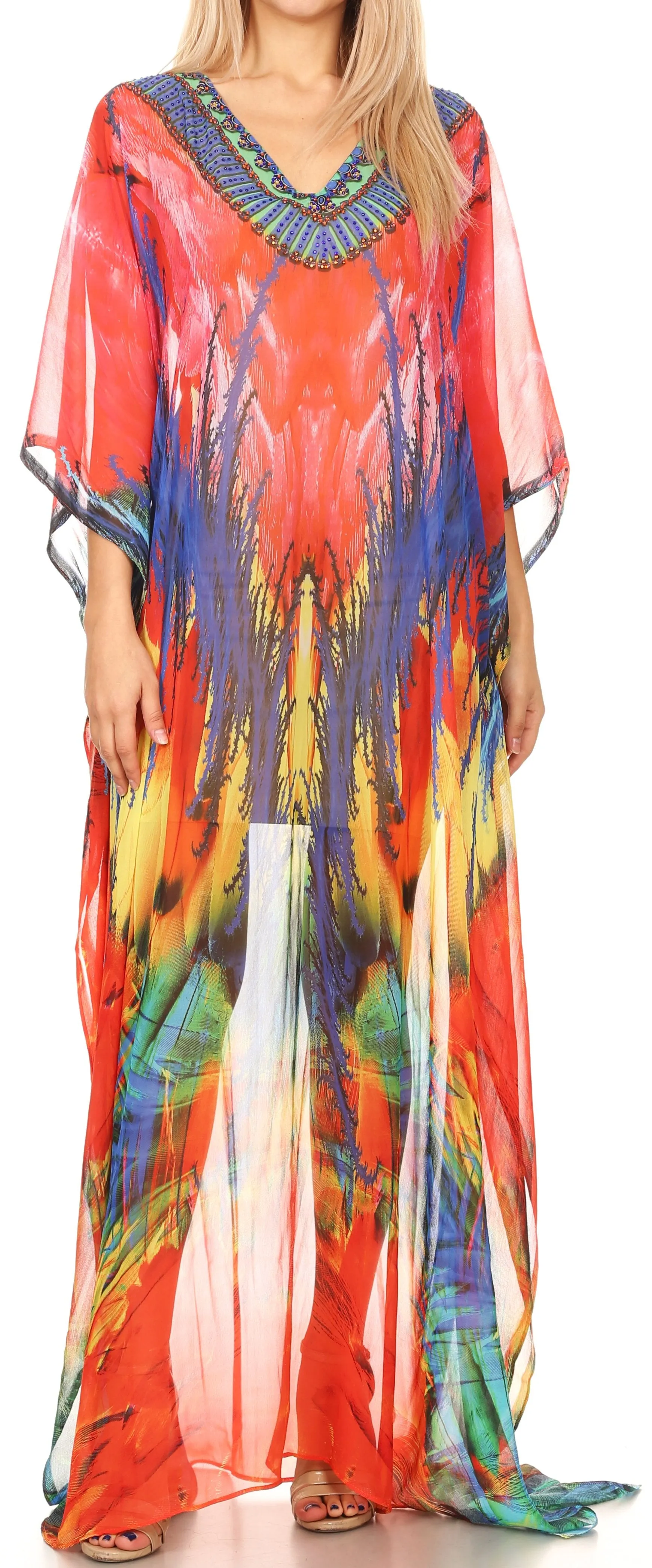 Sakkas Wilder Printed Design Long Sheer Rhinestone Caftan Dress / Cover Up