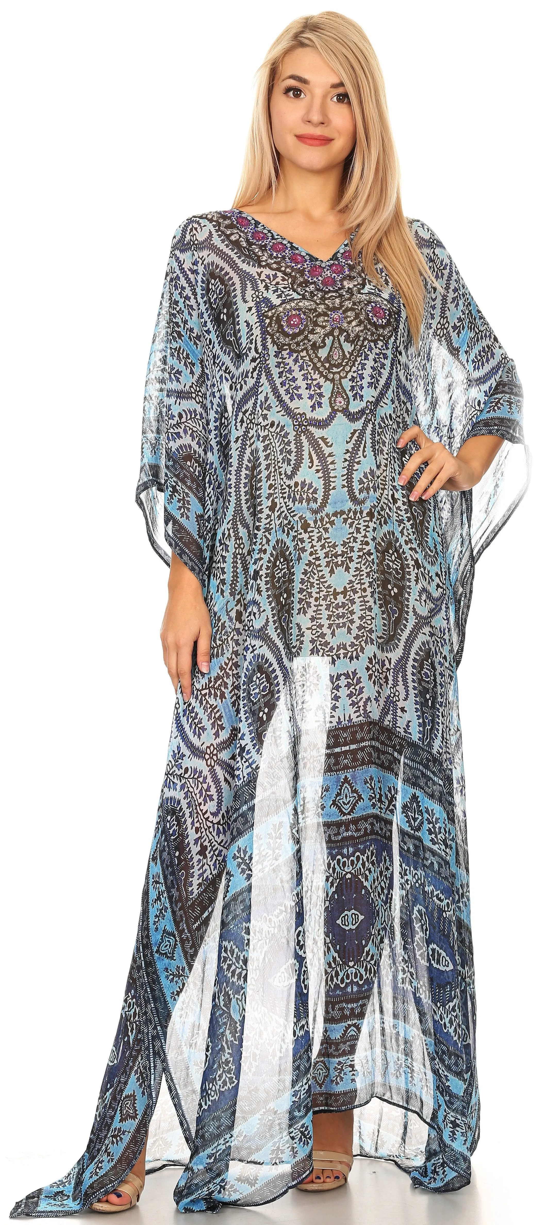 Sakkas Wilder Printed Design Long Sheer Rhinestone Caftan Dress / Cover Up