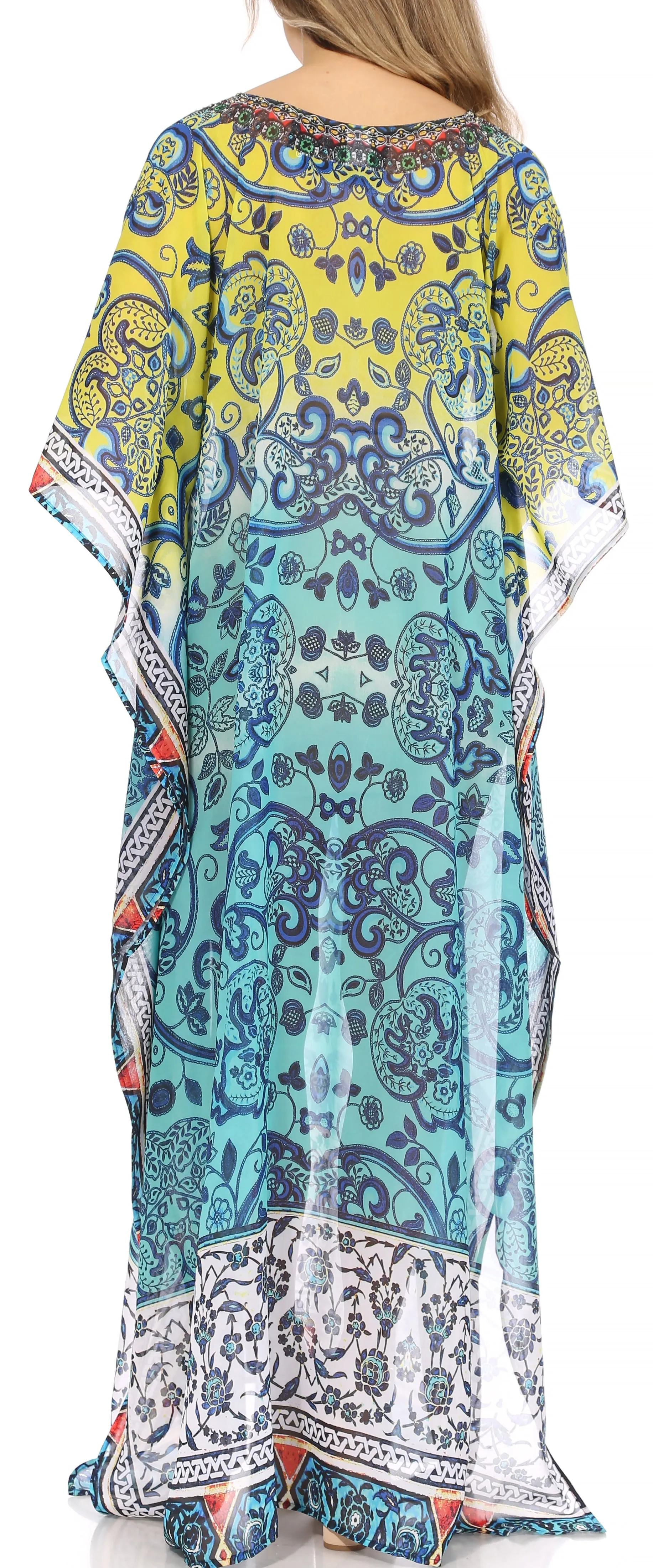 Sakkas Wilder Printed Design Long Sheer Rhinestone Caftan Dress / Cover Up