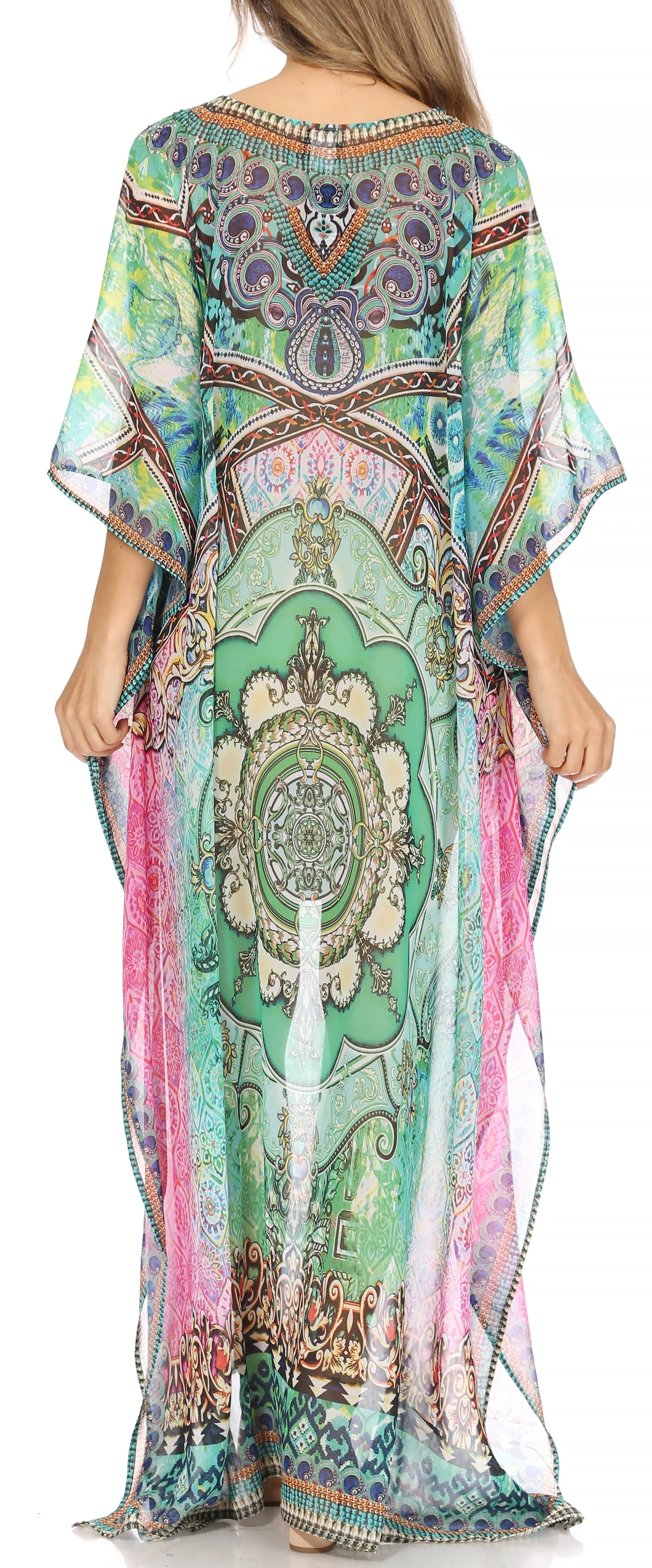 Sakkas Wilder Printed Design Long Sheer Rhinestone Caftan Dress / Cover Up