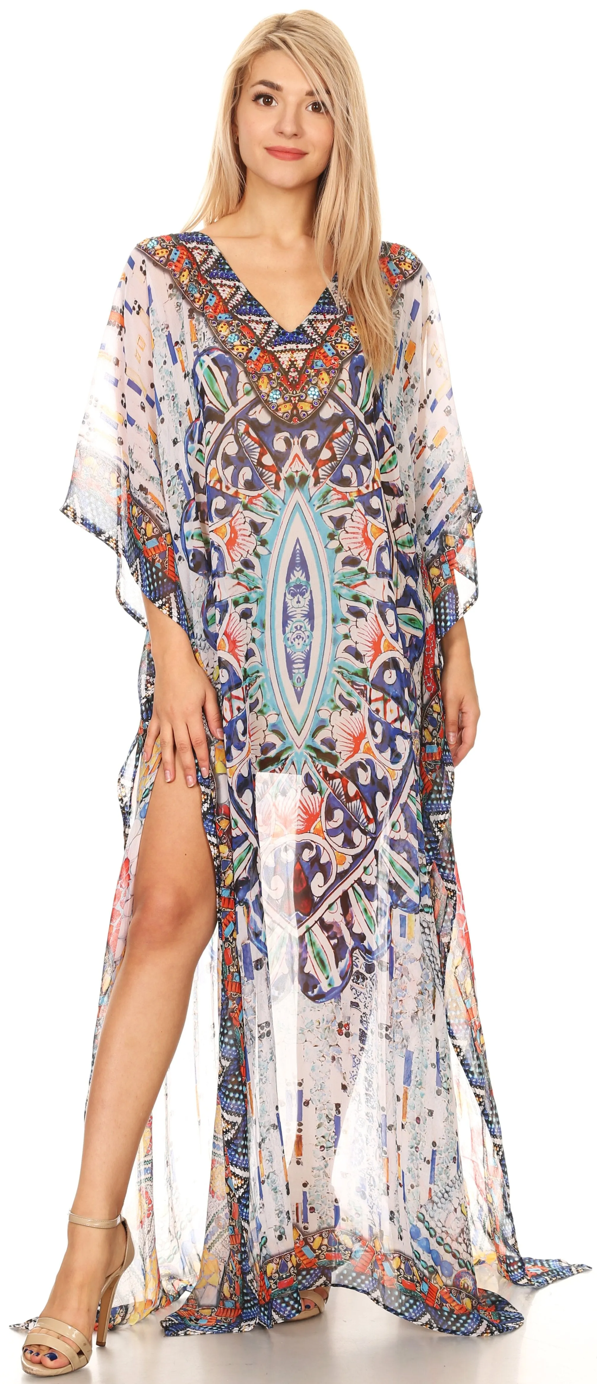 Sakkas Wilder Printed Design Long Sheer Rhinestone Caftan Dress / Cover Up