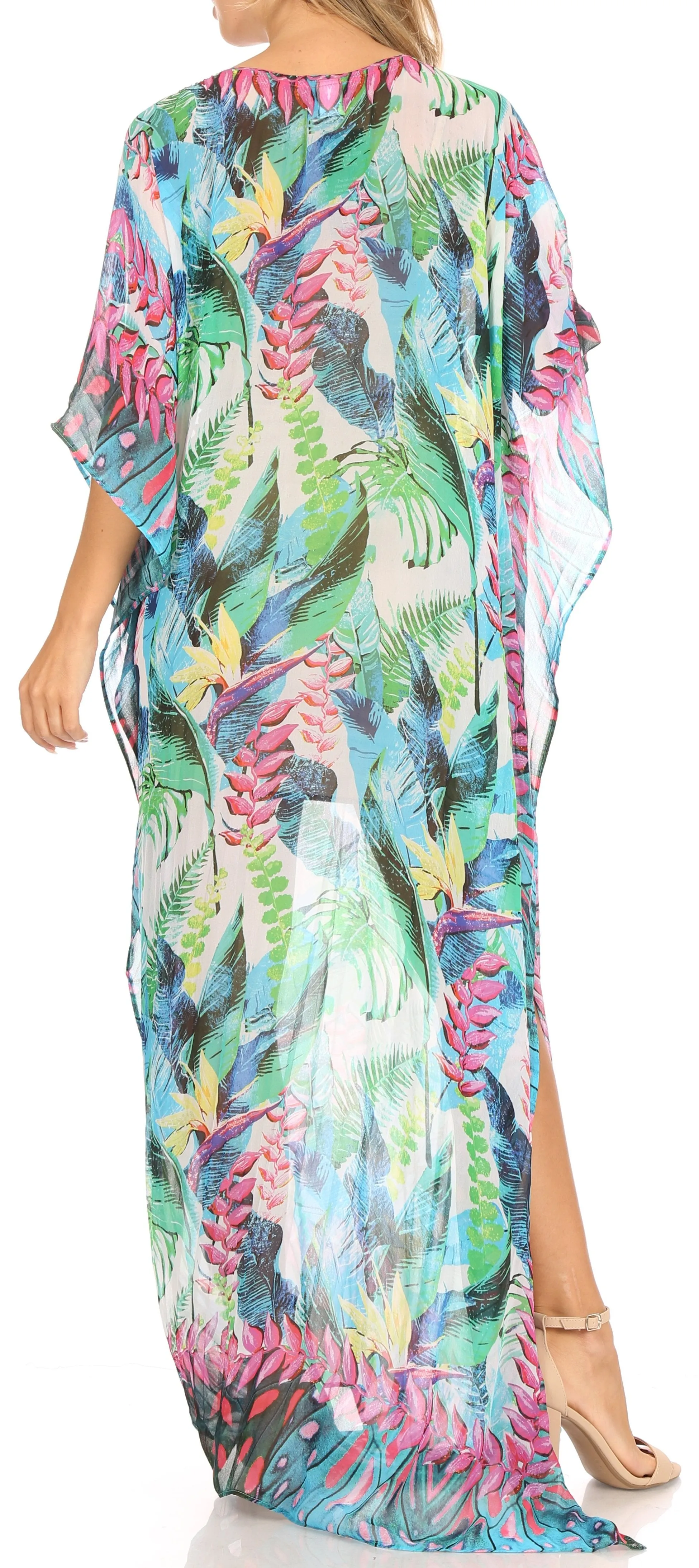 Sakkas Wilder Printed Design Long Sheer Rhinestone Caftan Dress / Cover Up