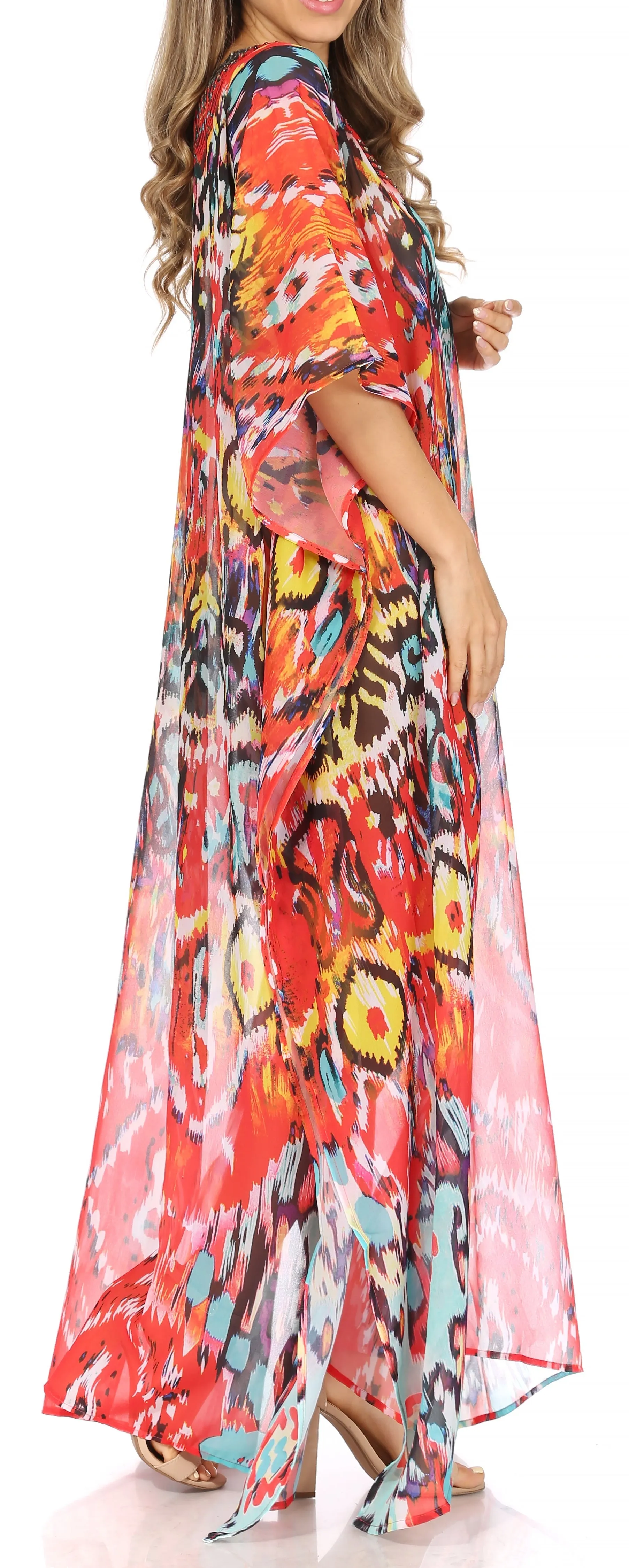 Sakkas Wilder Printed Design Long Sheer Rhinestone Caftan Dress / Cover Up