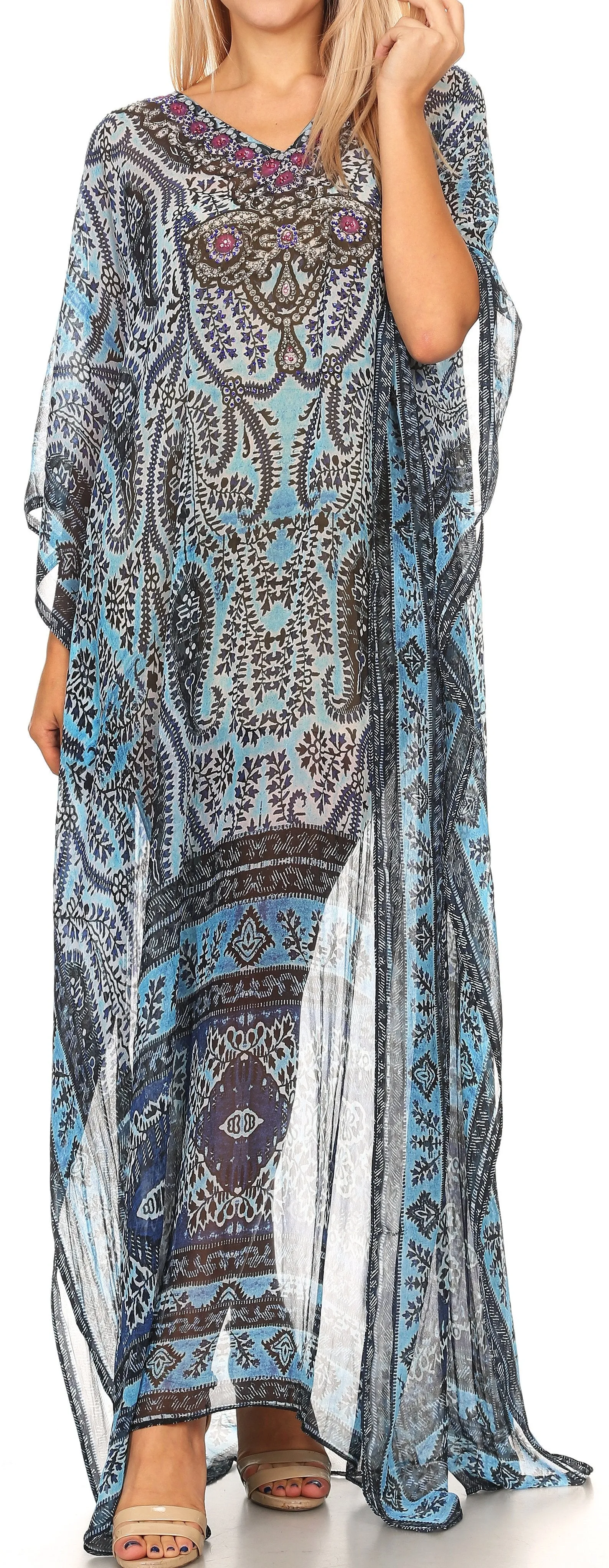 Sakkas Wilder Printed Design Long Sheer Rhinestone Caftan Dress / Cover Up