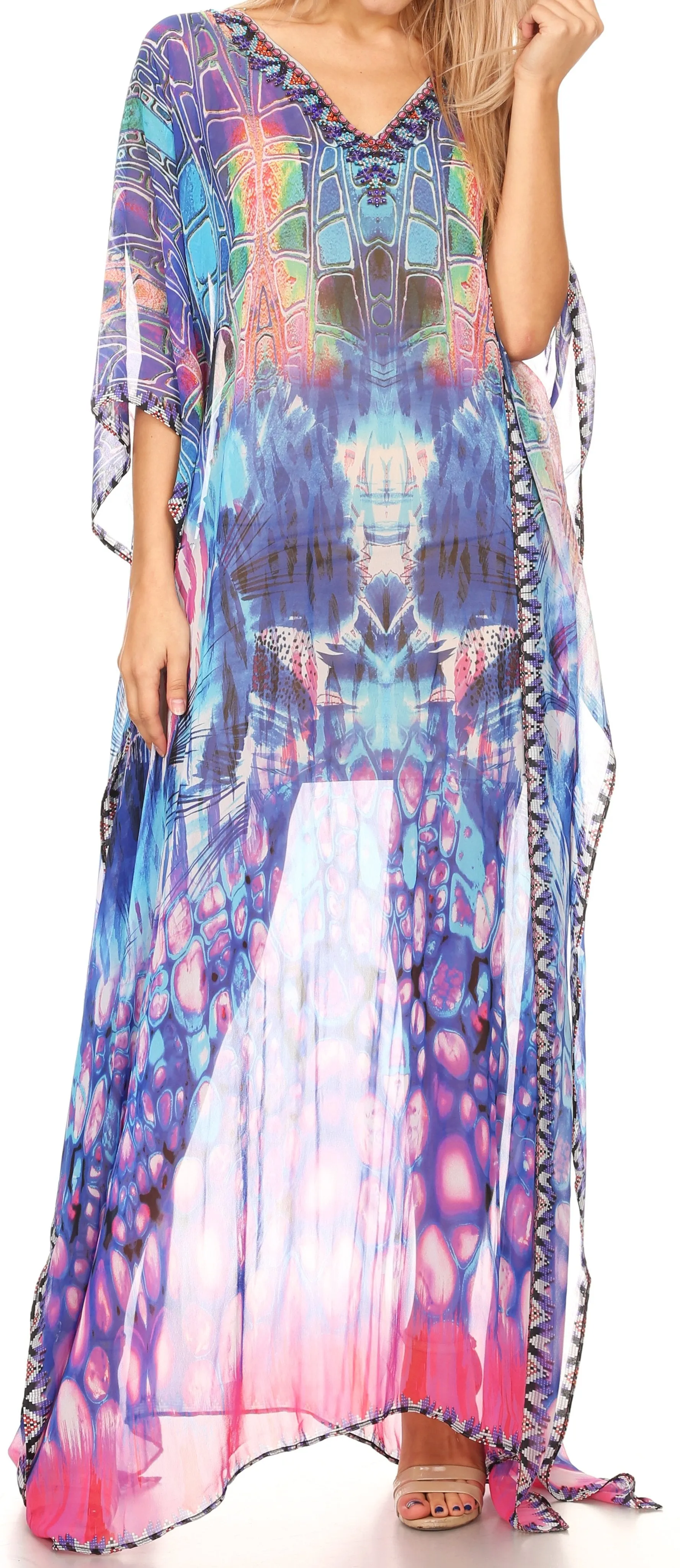 Sakkas Wilder Printed Design Long Sheer Rhinestone Caftan Dress / Cover Up