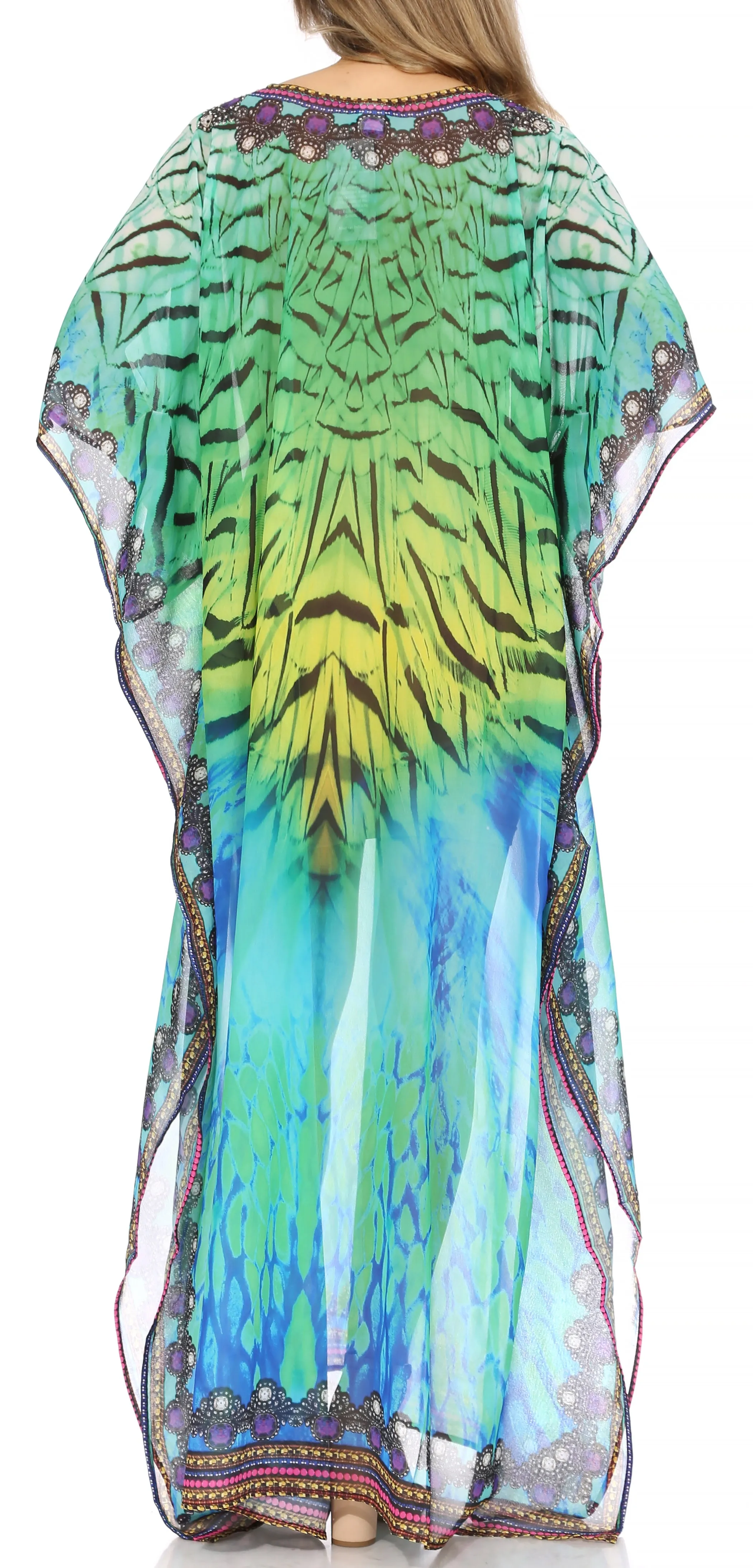 Sakkas Wilder Printed Design Long Sheer Rhinestone Caftan Dress / Cover Up