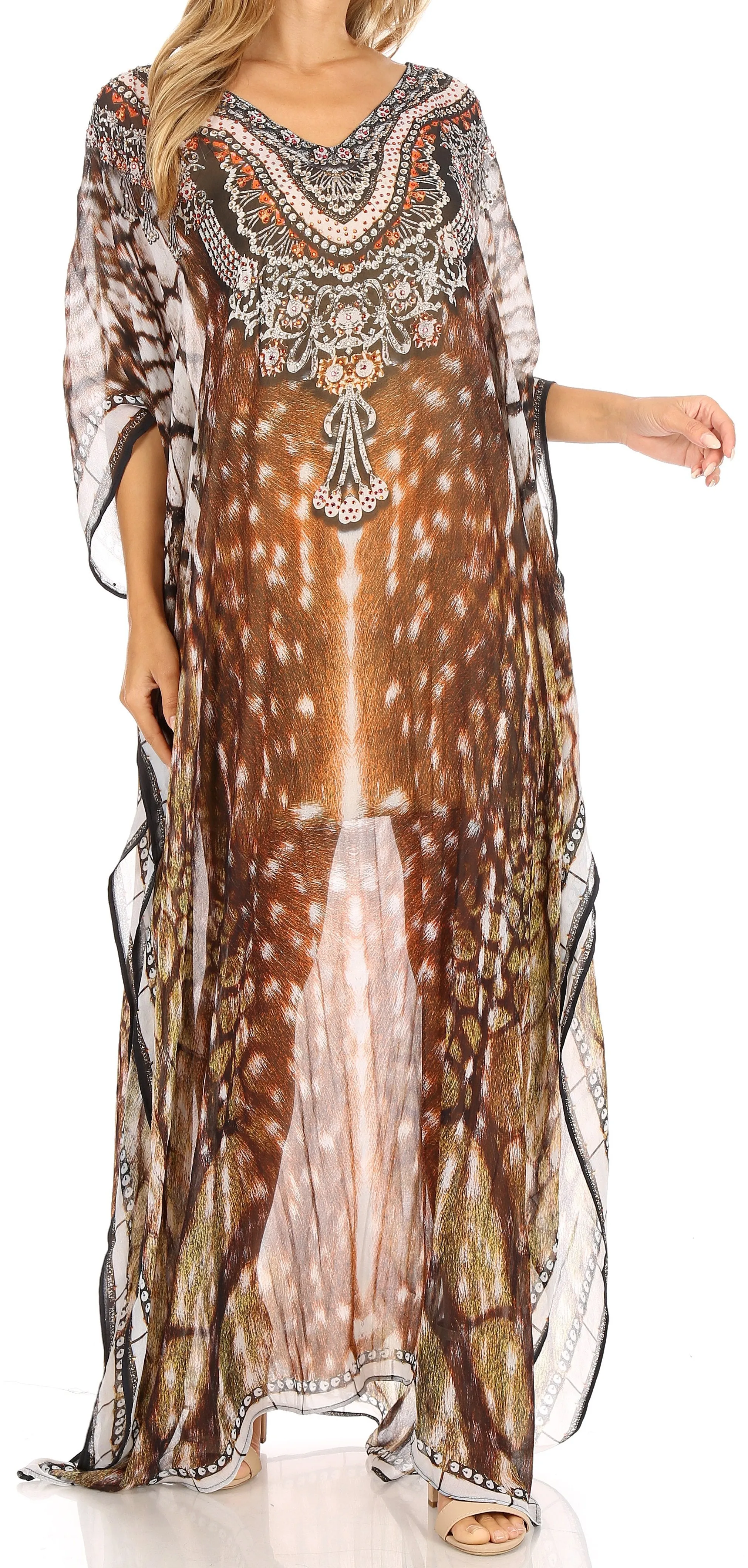 Sakkas Wilder Printed Design Long Sheer Rhinestone Caftan Dress / Cover Up