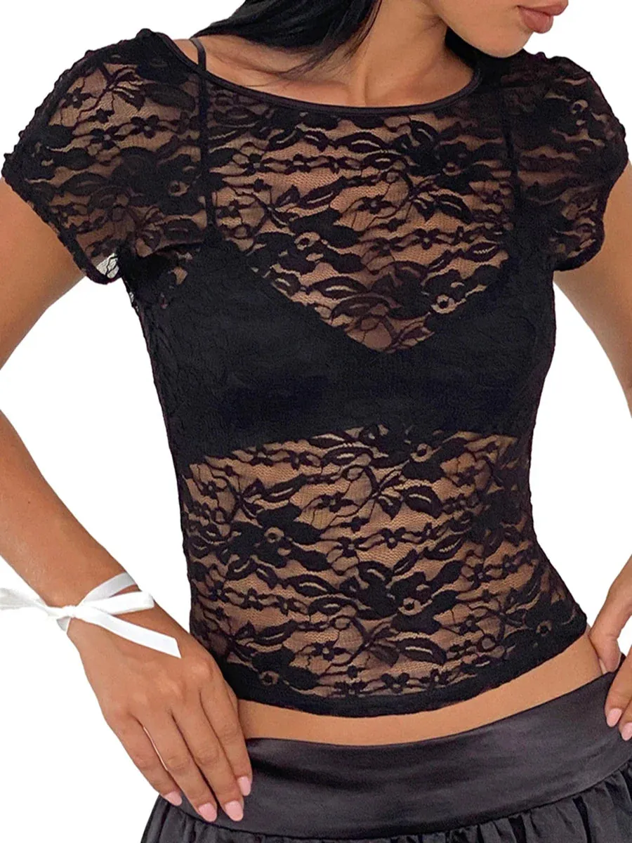 Sleeve Crop Top Y2K Floral Lace Backless Sheer Mesh Short T-shirt