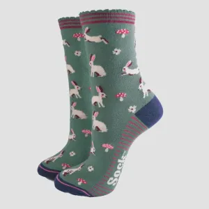 Sock Talk Bamboo Socks Green/Navy Blue, Rabbit Woodland