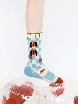 White Blue Plaid Breathable Cartoon Dog Contrast Color Multi-Colored Socks Accessories