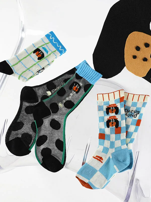 White Blue Plaid Breathable Cartoon Dog Contrast Color Multi-Colored Socks Accessories