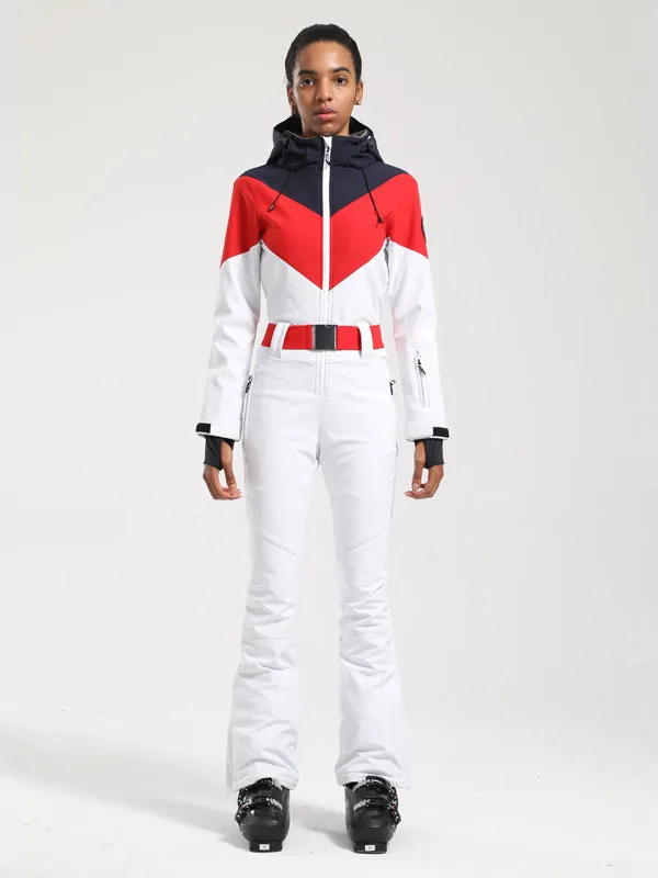 Women's Gsou Snow Retro Belted Color-Blocked Flare One Piece Jumpsuit Snowsuit