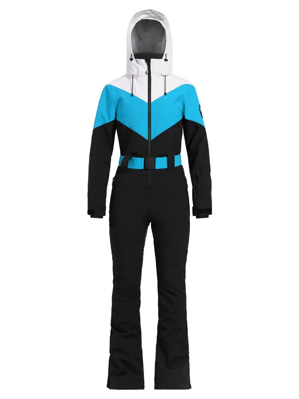 Women's Gsou Snow Retro Belted Color-Blocked Flare One Piece Jumpsuit Snowsuit