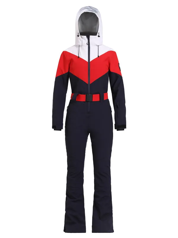 Women's Gsou Snow Retro Belted Color-Blocked Flare One Piece Jumpsuit Snowsuit