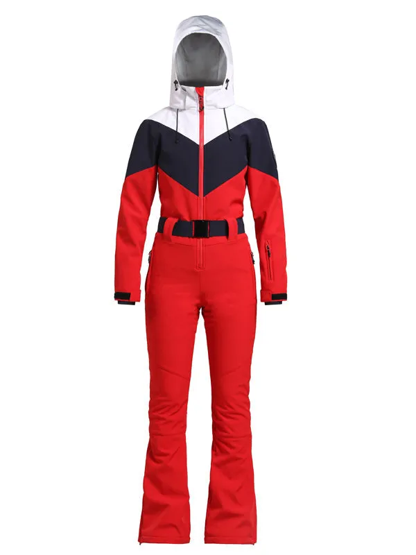 Women's Gsou Snow Retro Belted Color-Blocked Flare One Piece Jumpsuit Snowsuit