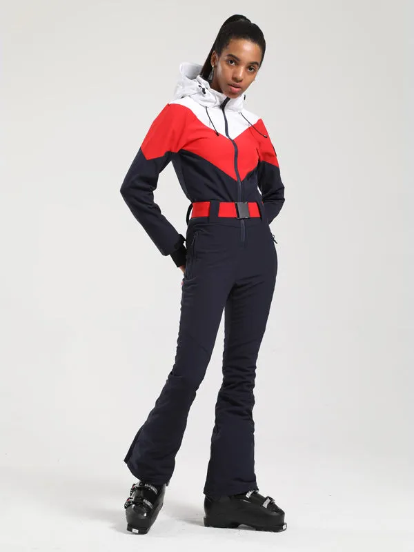 Women's Gsou Snow Retro Belted Color-Blocked Flare One Piece Jumpsuit Snowsuit