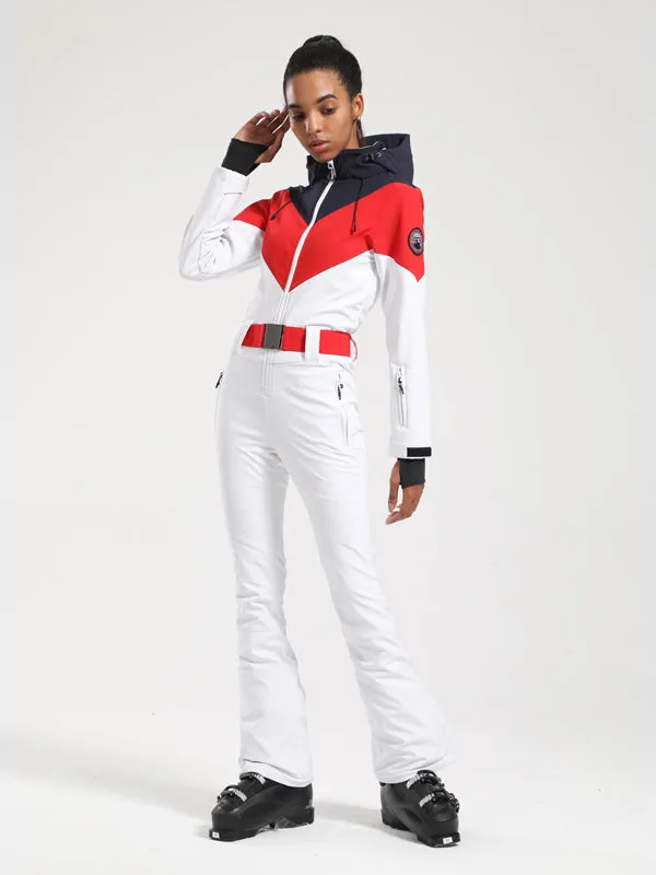 Women's Gsou Snow Retro Belted Color-Blocked Flare One Piece Jumpsuit Snowsuit