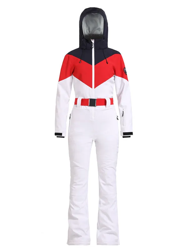 Women's Gsou Snow Retro Belted Color-Blocked Flare One Piece Jumpsuit Snowsuit