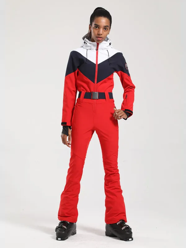 Women's Gsou Snow Retro Belted Color-Blocked Flare One Piece Jumpsuit Snowsuit