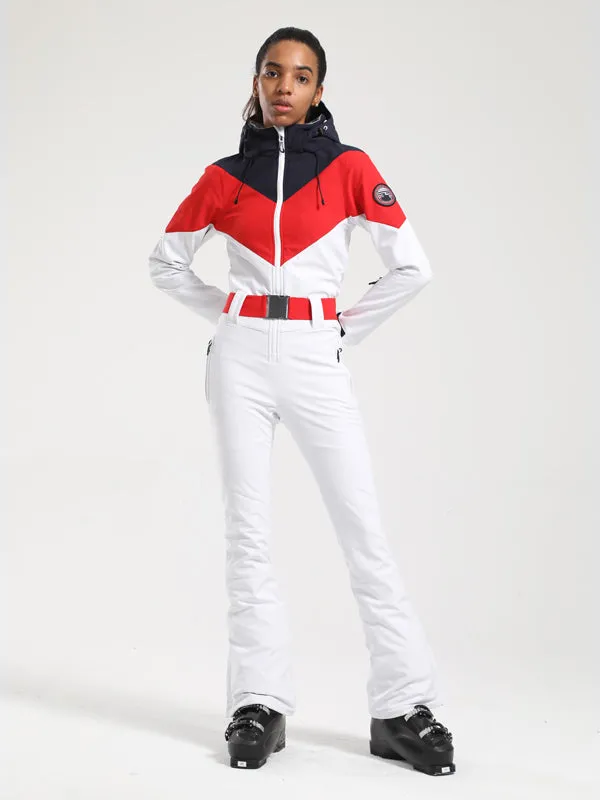 Women's Gsou Snow Retro Belted Color-Blocked Flare One Piece Jumpsuit Snowsuit