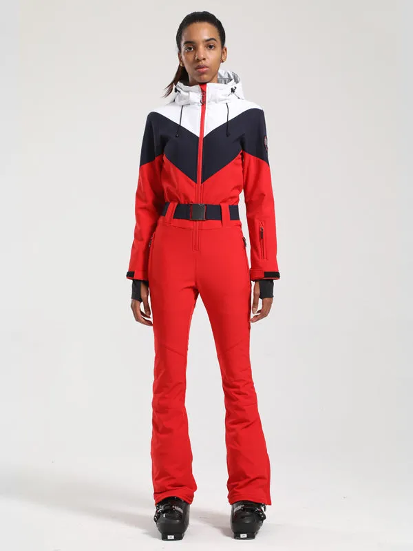 Women's Gsou Snow Retro Belted Color-Blocked Flare One Piece Jumpsuit Snowsuit