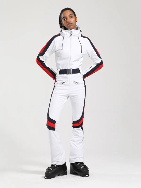 Women's Gsou Snow Retro Belted Stripe Flare One Piece Jumpsuit Snowsuits