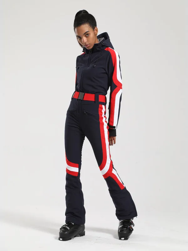 Women's Gsou Snow Retro Belted Stripe Flare One Piece Jumpsuit Snowsuits